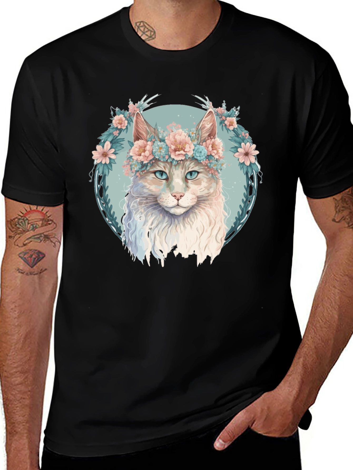 Floral Cat Graphic Black T-Shirt