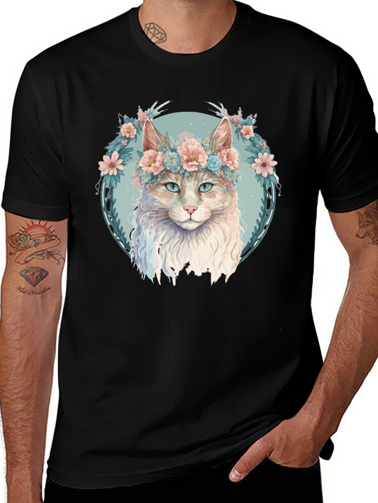 Floral Cat Graphic Black T-Shirt