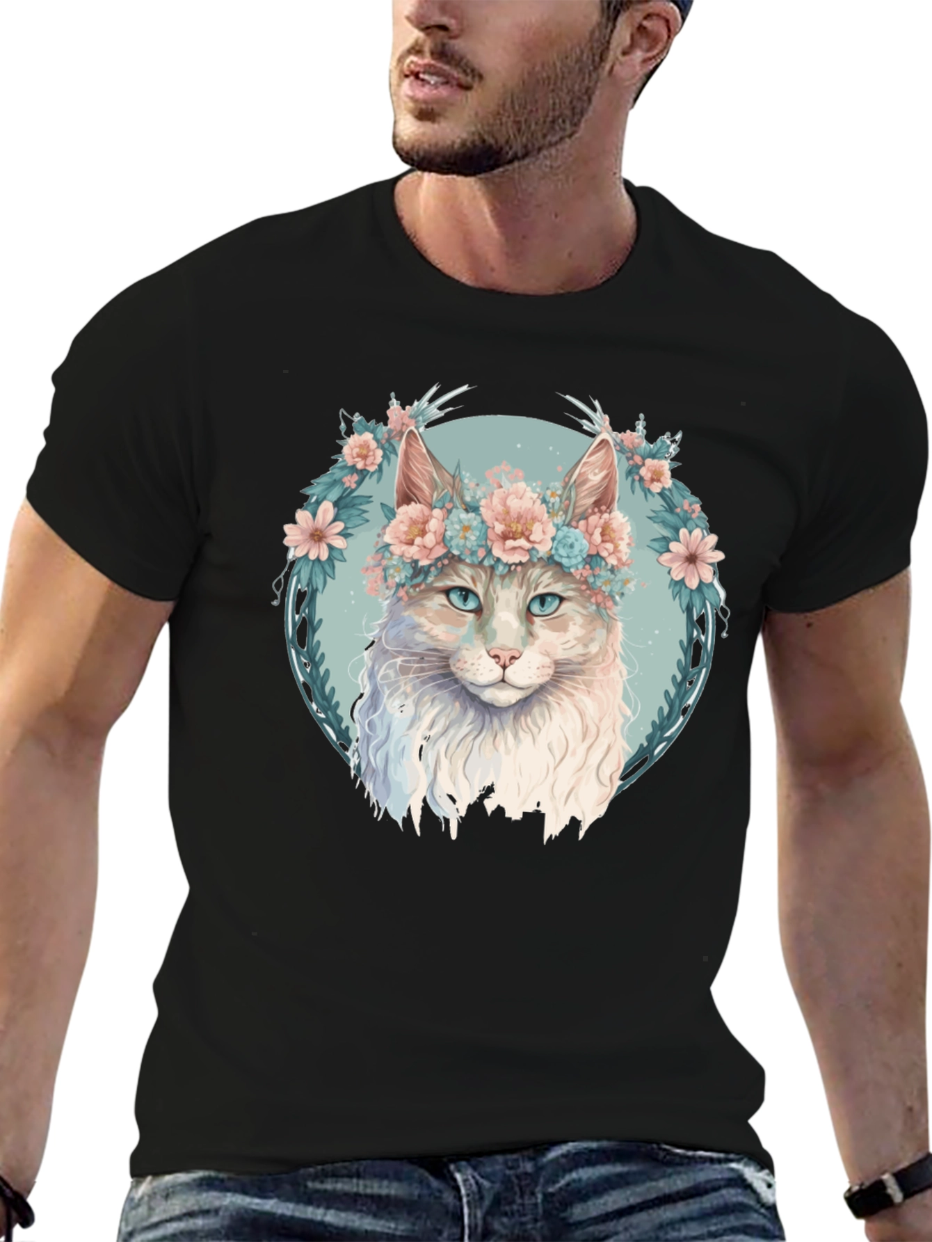 Floral Cat Graphic Black T-Shirt