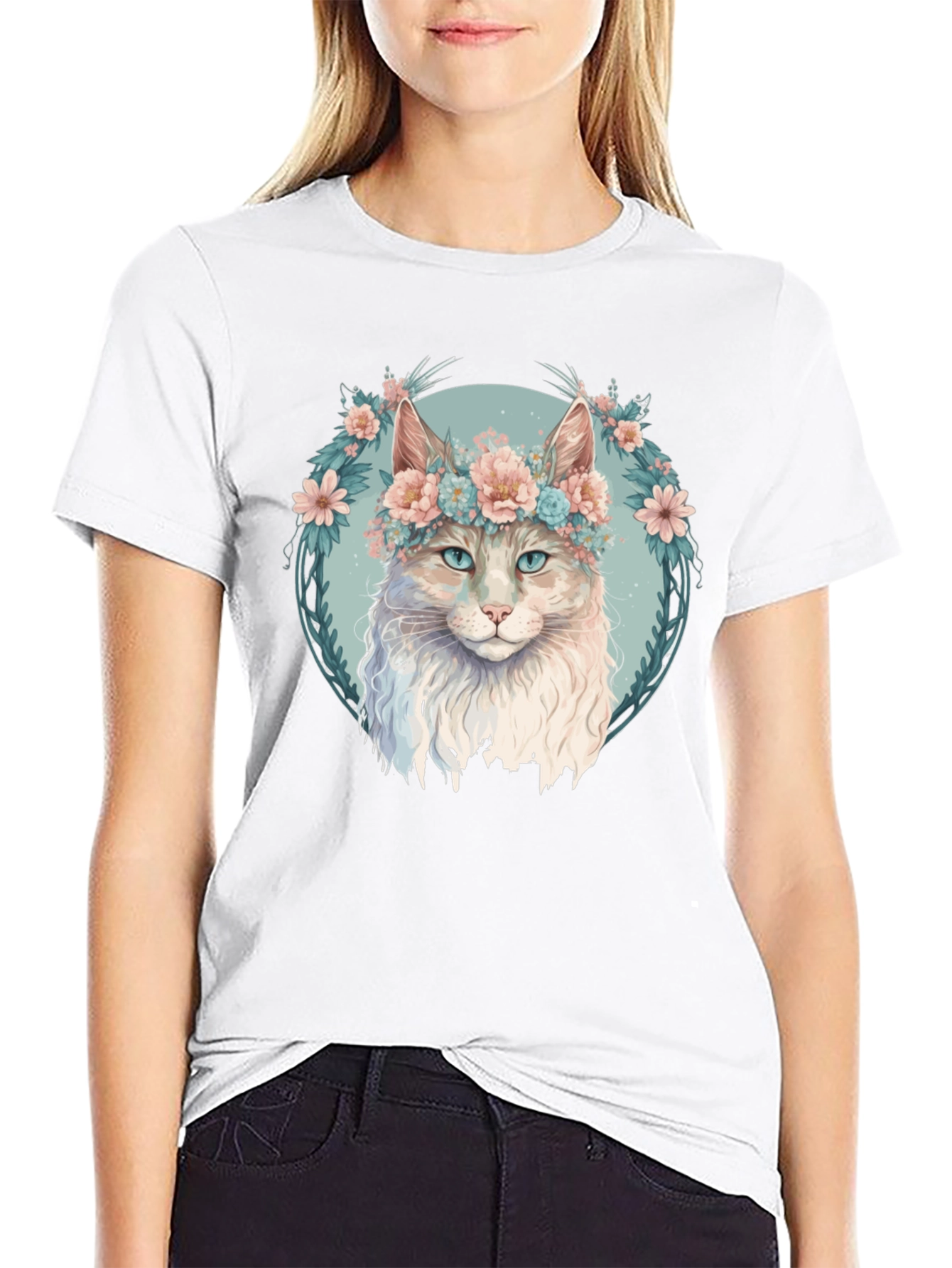 Floral Cat Graphic Black T-Shirt