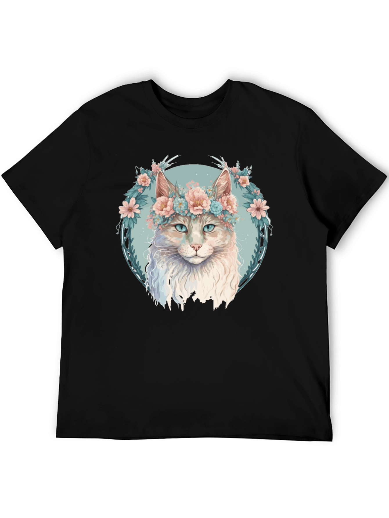 Floral Cat Graphic Black T-Shirt