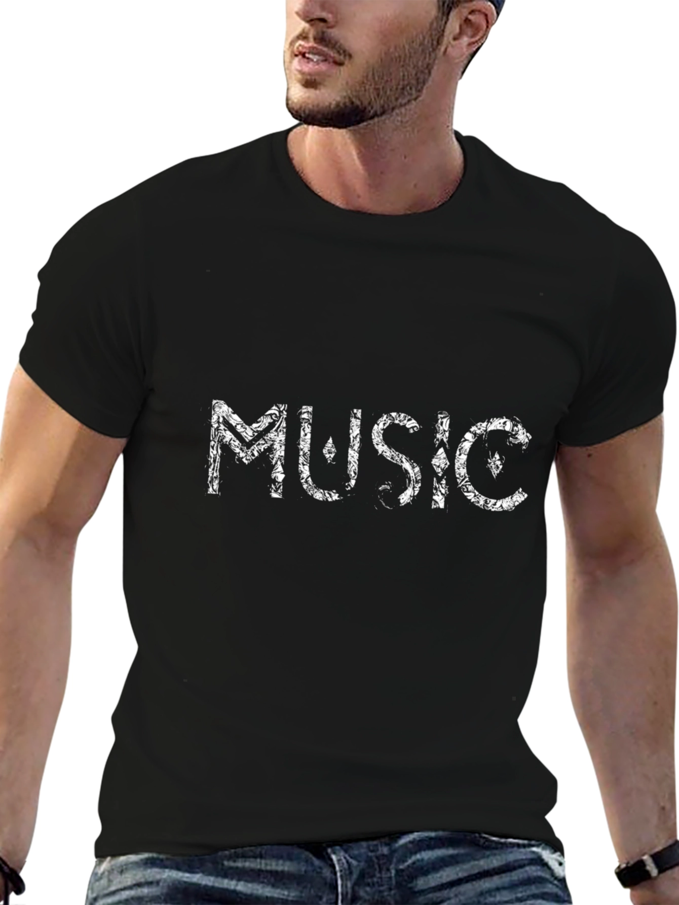 Music Motif Black Cotton Crewneck T-Shirt