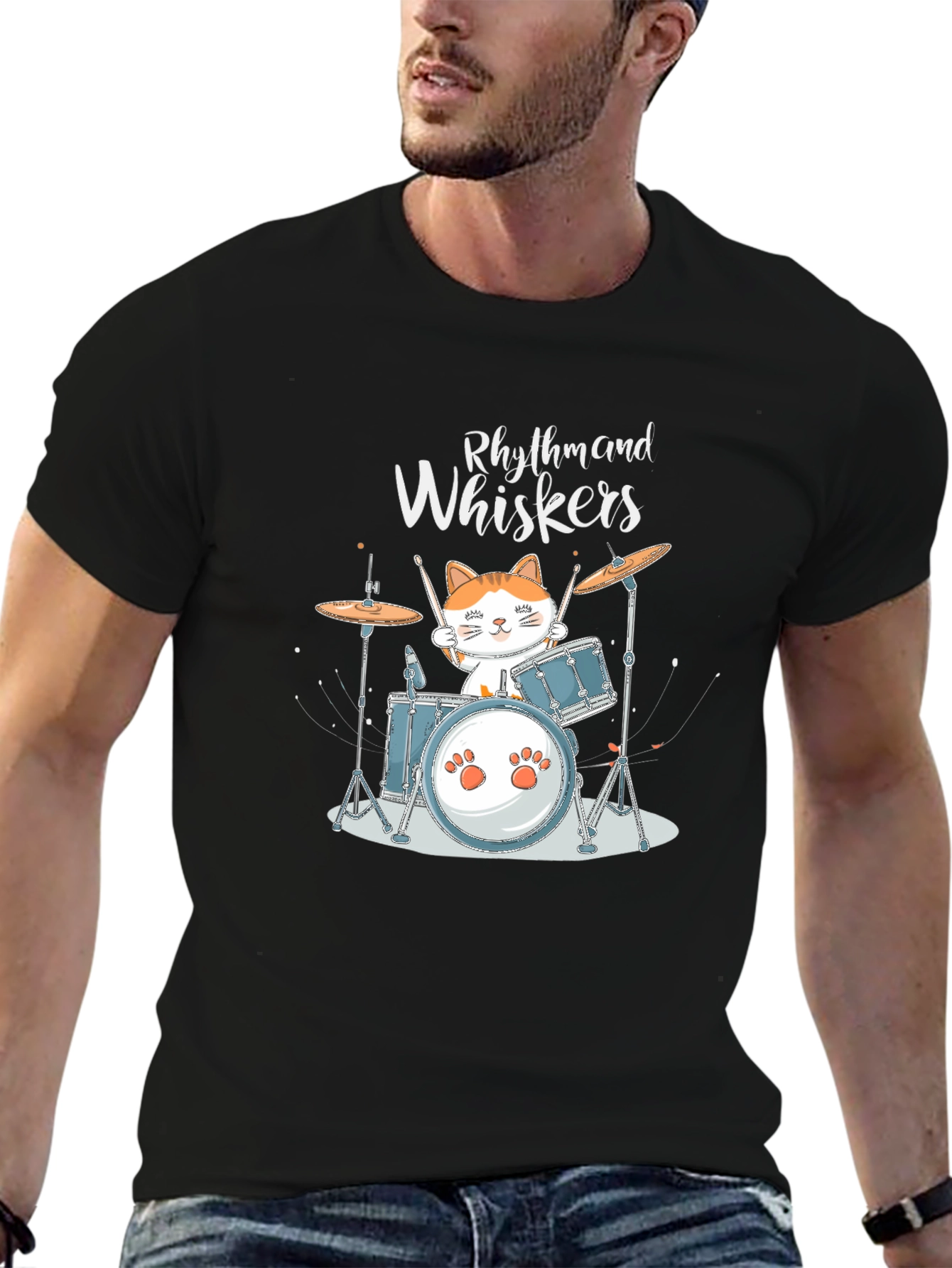 Rhythm and Whiskers Cat Drummer Graphic T-Shirt