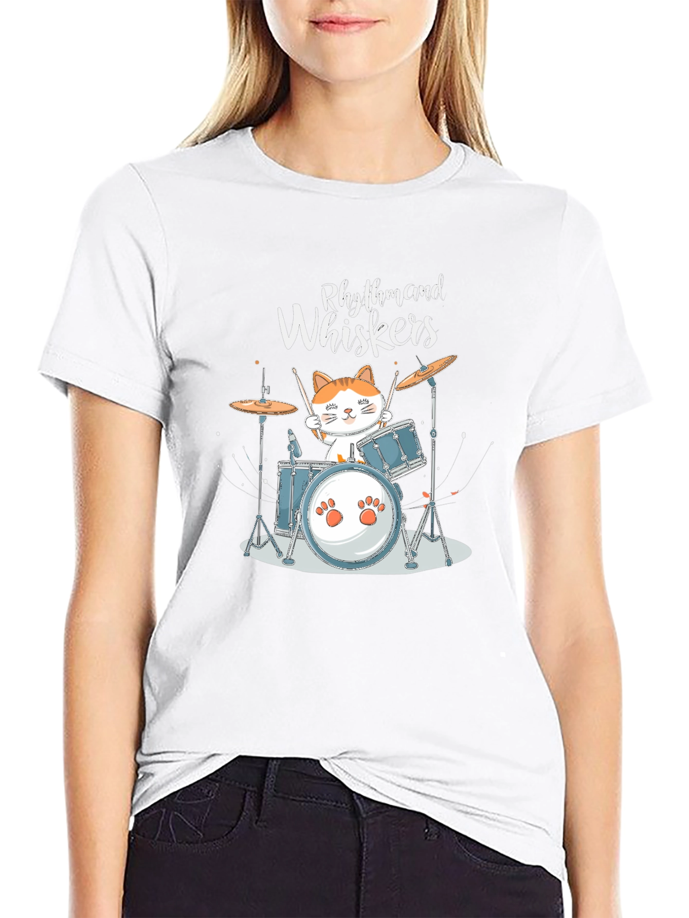 Rhythm and Whiskers Cat Drummer Graphic T-Shirt