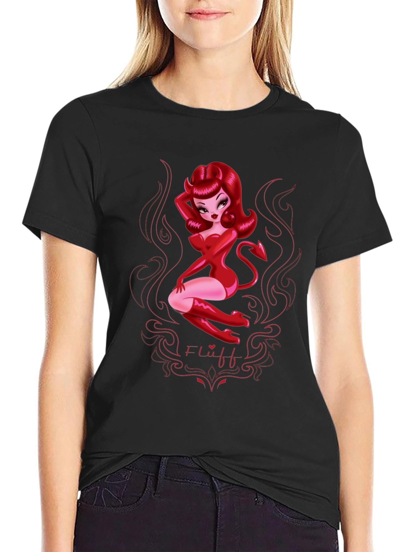 Devil Girl Graphic Print T-Shirt - Black