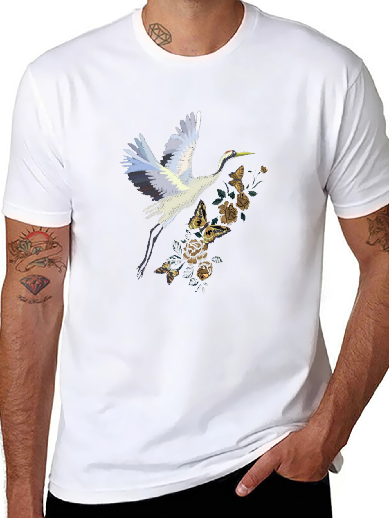 Crane & Floral Graphic Tee - Black