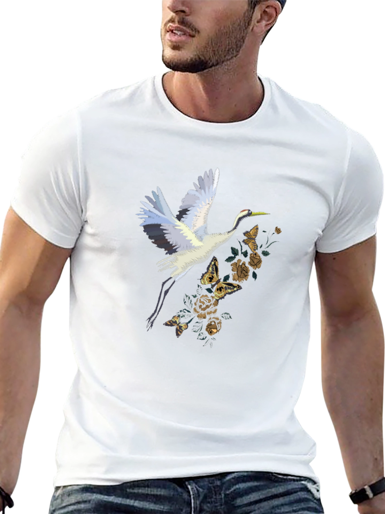 Crane & Floral Graphic Tee - Black