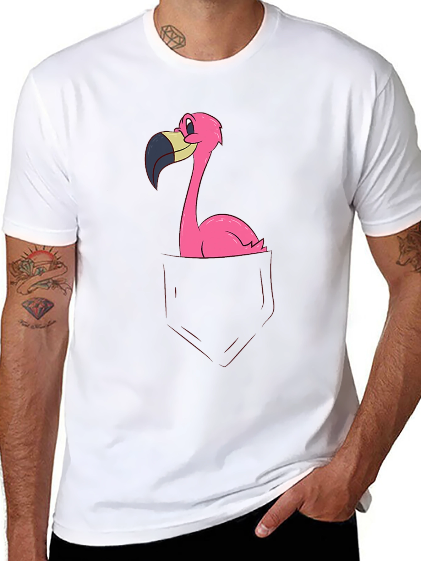 Funny Flamingo Pocket Graphic Tee - Soft Black Cotton