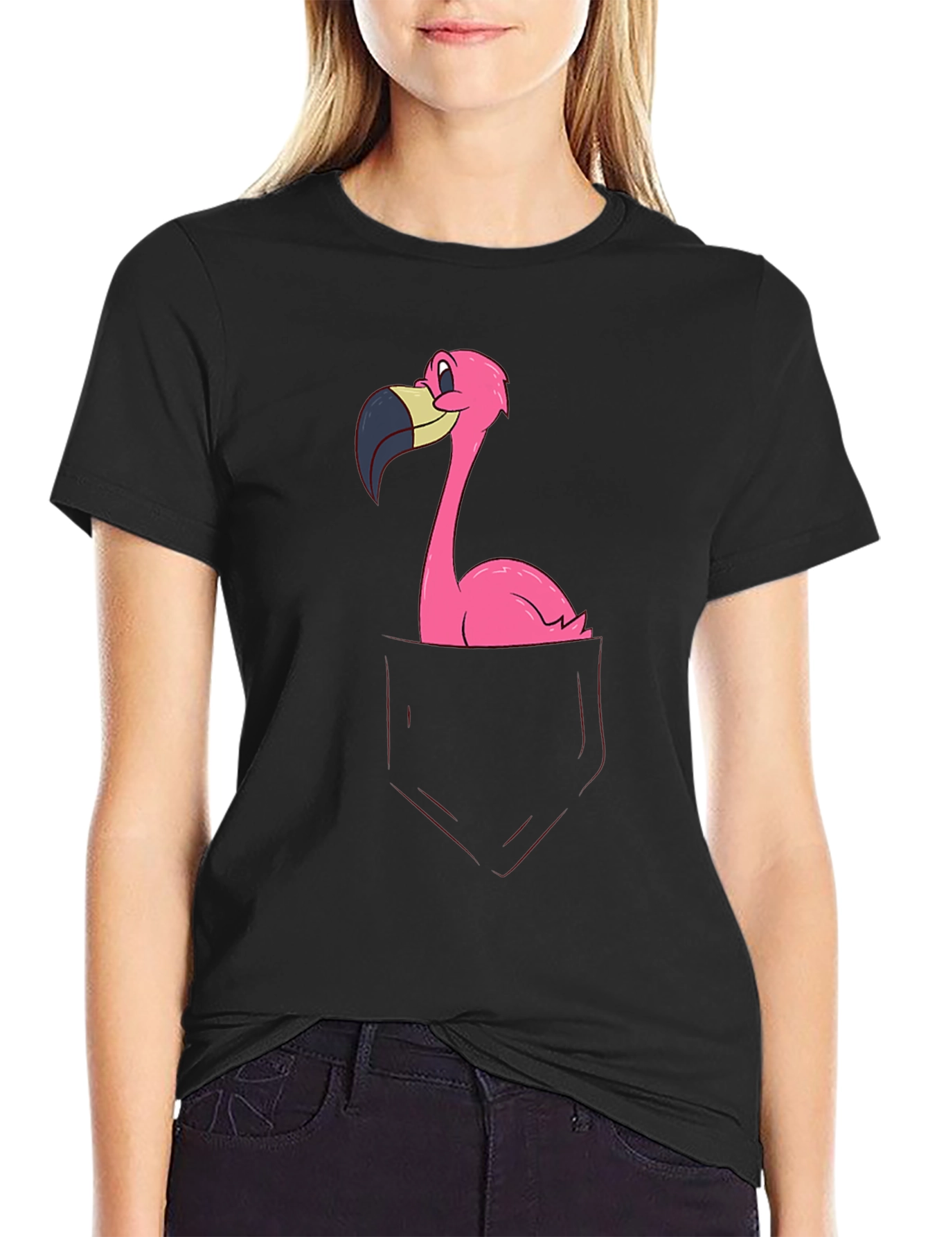 Funny Flamingo Pocket Graphic Tee - Soft Black Cotton