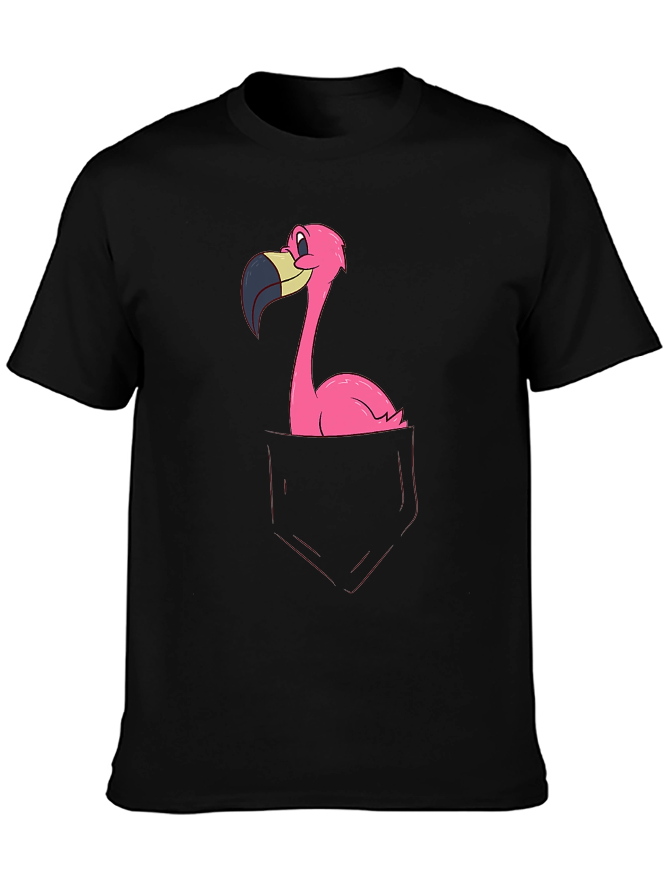 Funny Flamingo Pocket Graphic Tee - Soft Black Cotton