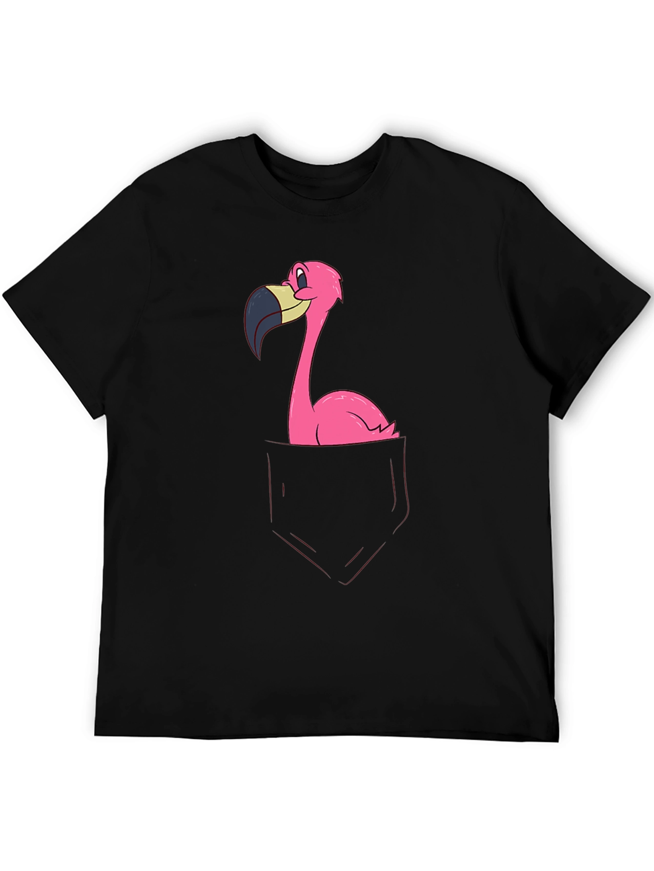 Funny Flamingo Pocket Graphic Tee - Soft Black Cotton