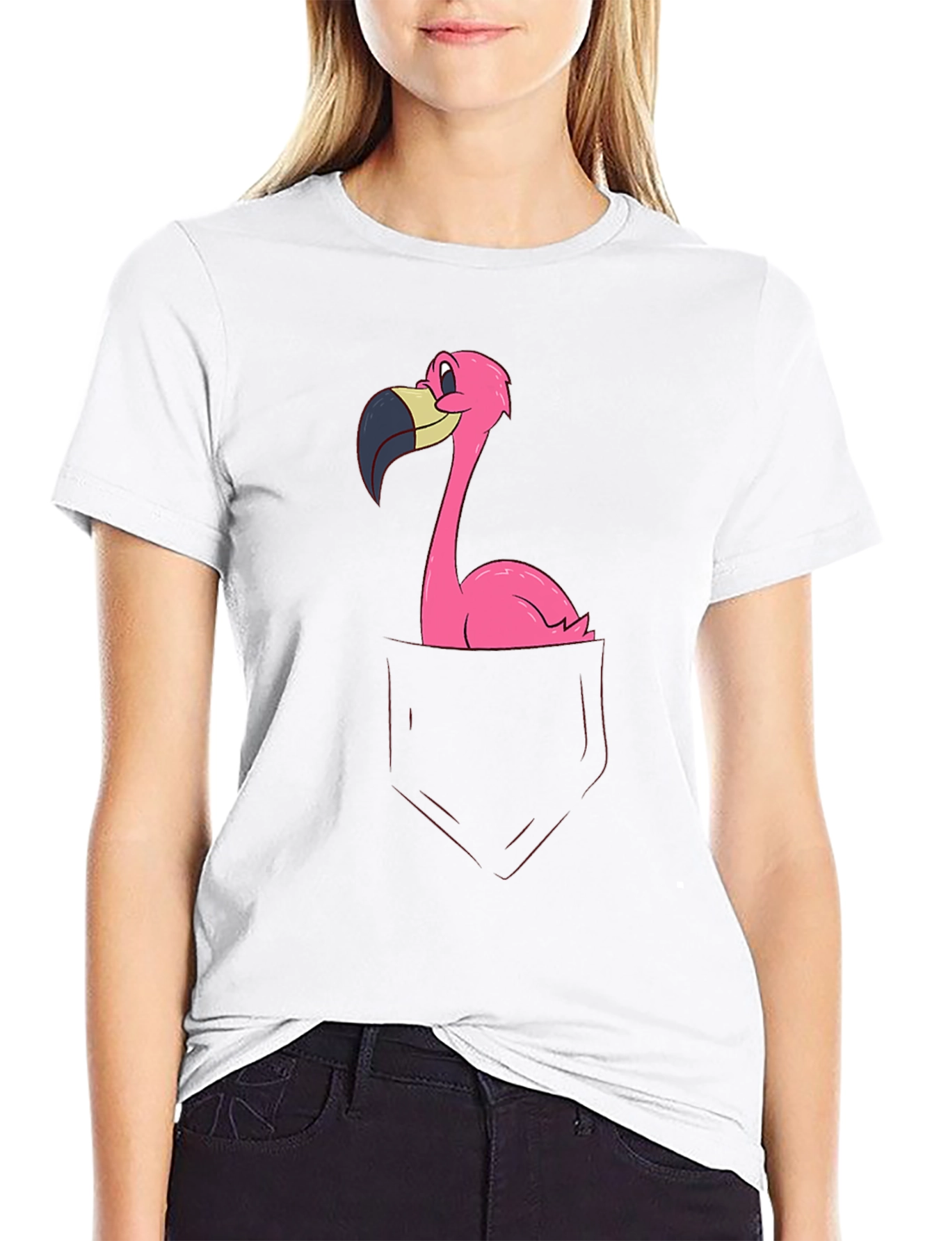 Funny Flamingo Pocket Graphic Tee - Soft Black Cotton