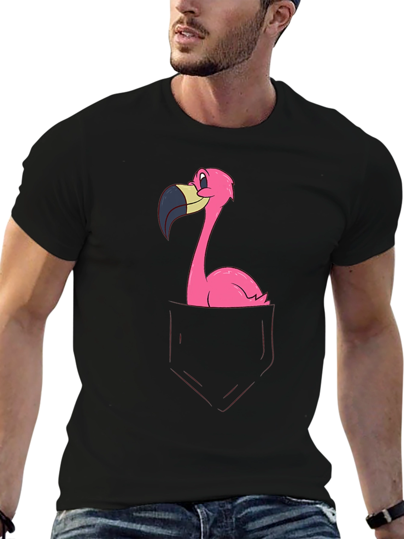 Funny Flamingo Pocket Graphic Tee - Soft Black Cotton