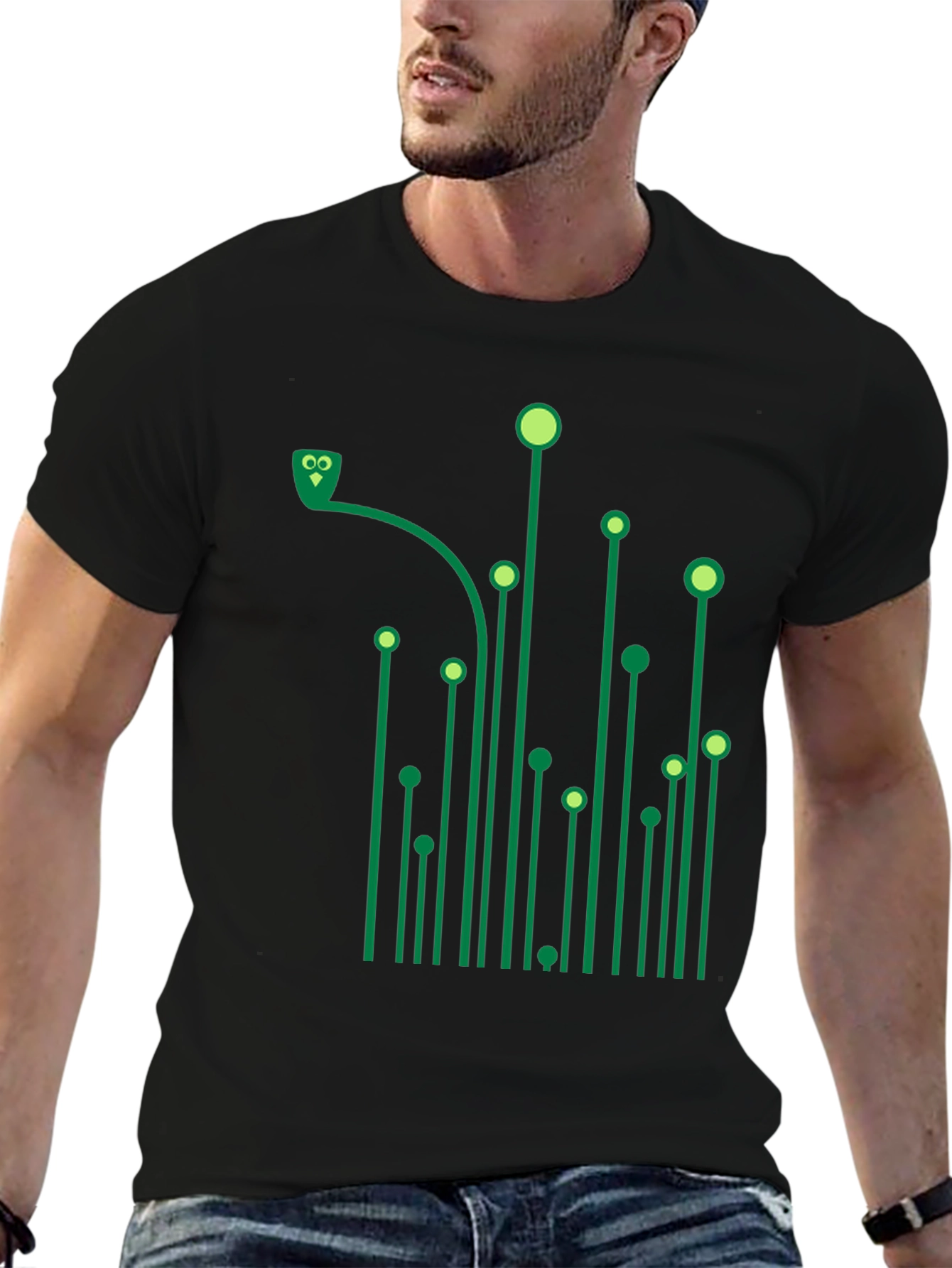 Green Circuit Owl Black T-Shirt