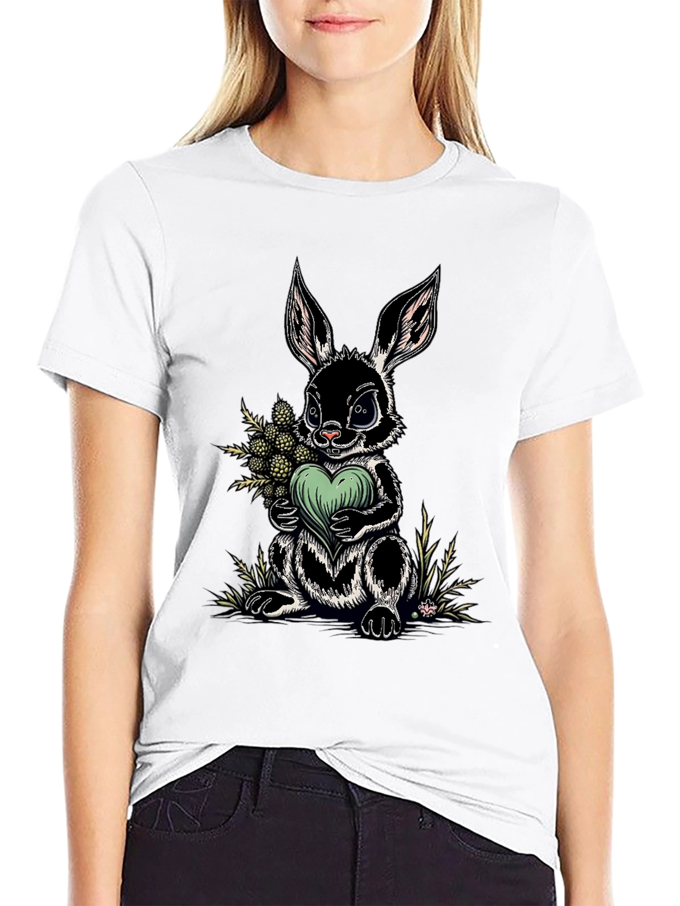 Rabbit Heart Graphic Tee - Soft Black Cotton