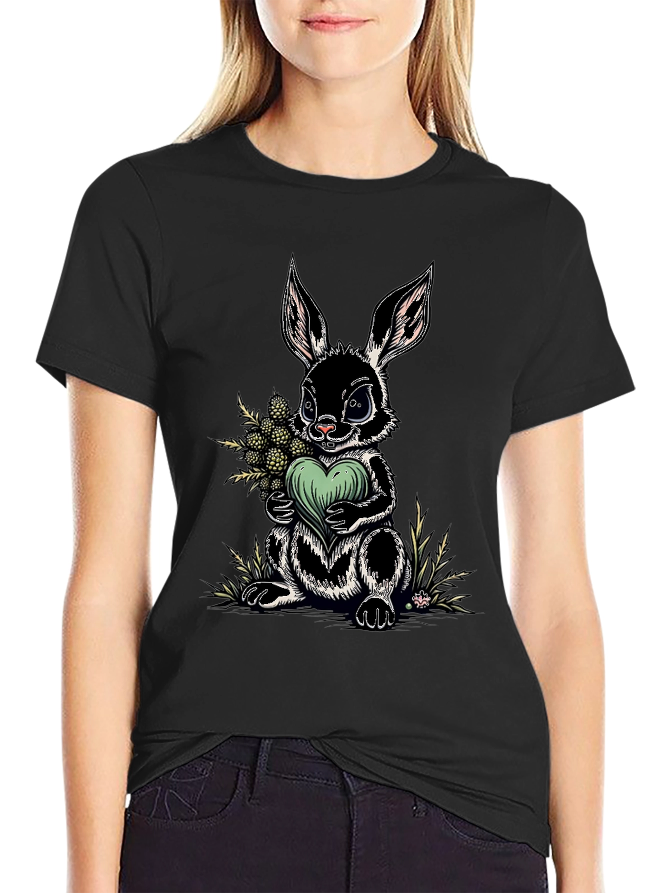 Rabbit Heart Graphic Tee - Soft Black Cotton