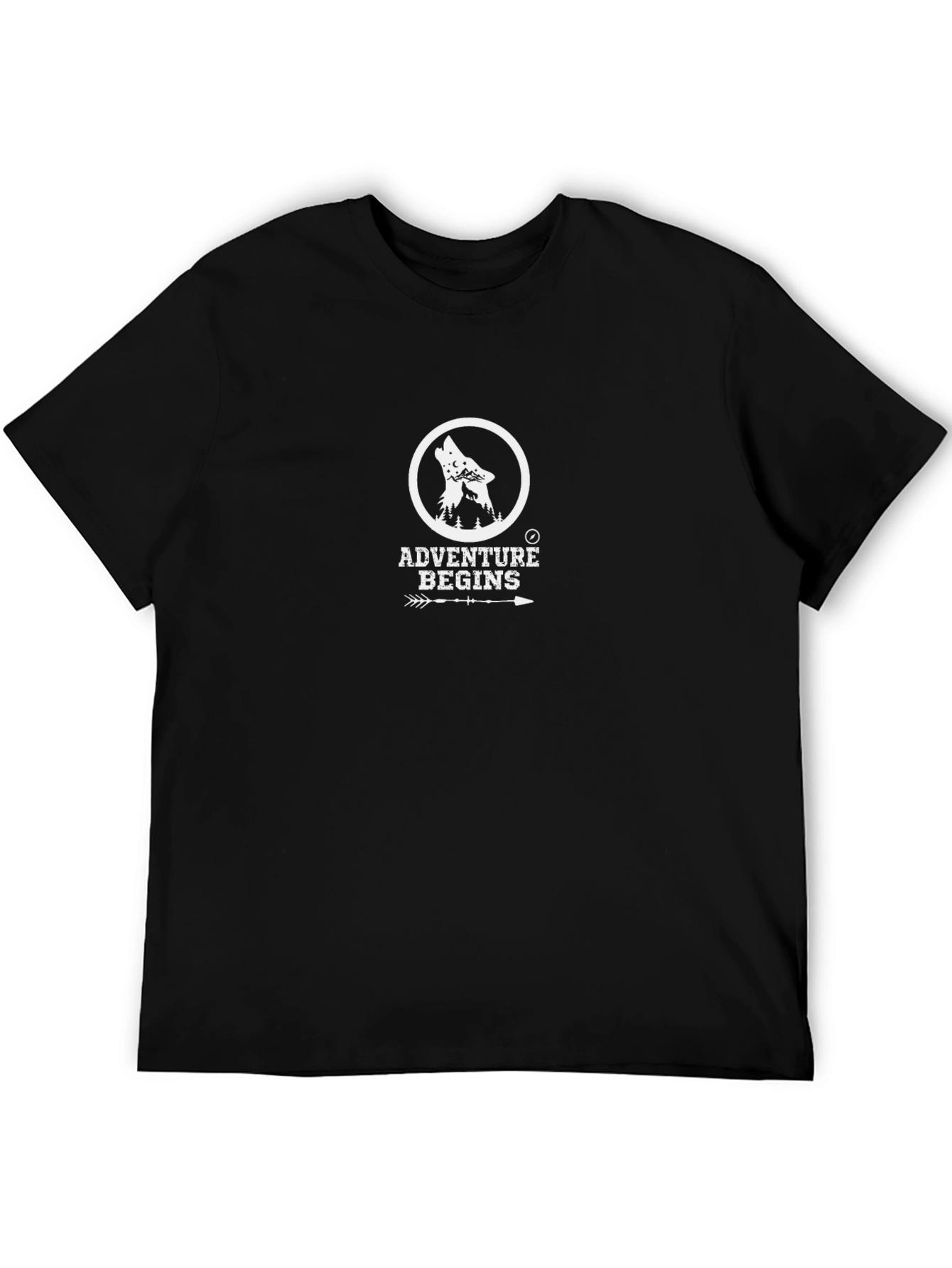 Adventure Begins Black T-Shirt with Wolf Graphic
