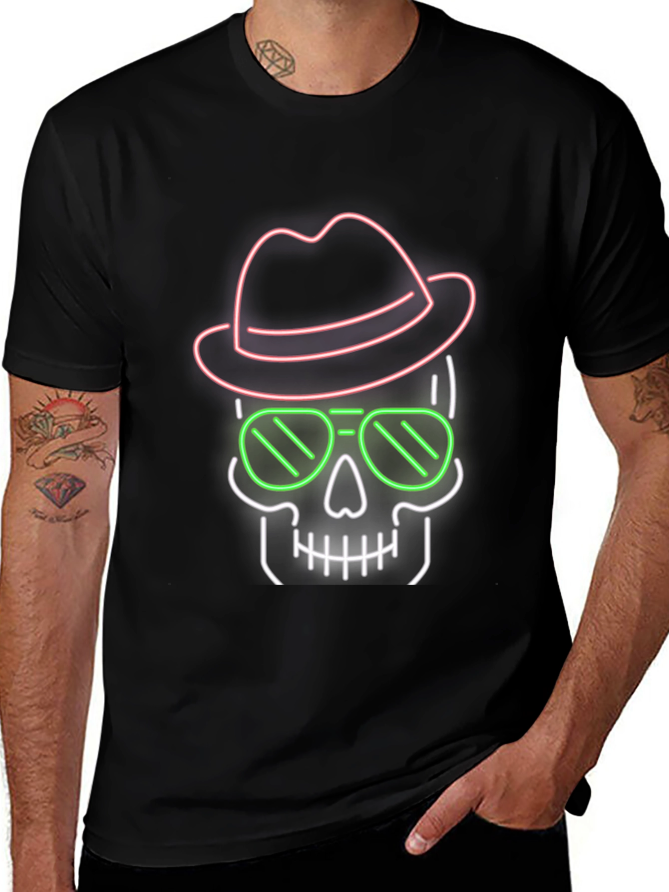 Neon Skull T-Shirt - Hat & Sunglasses Graphic Tee