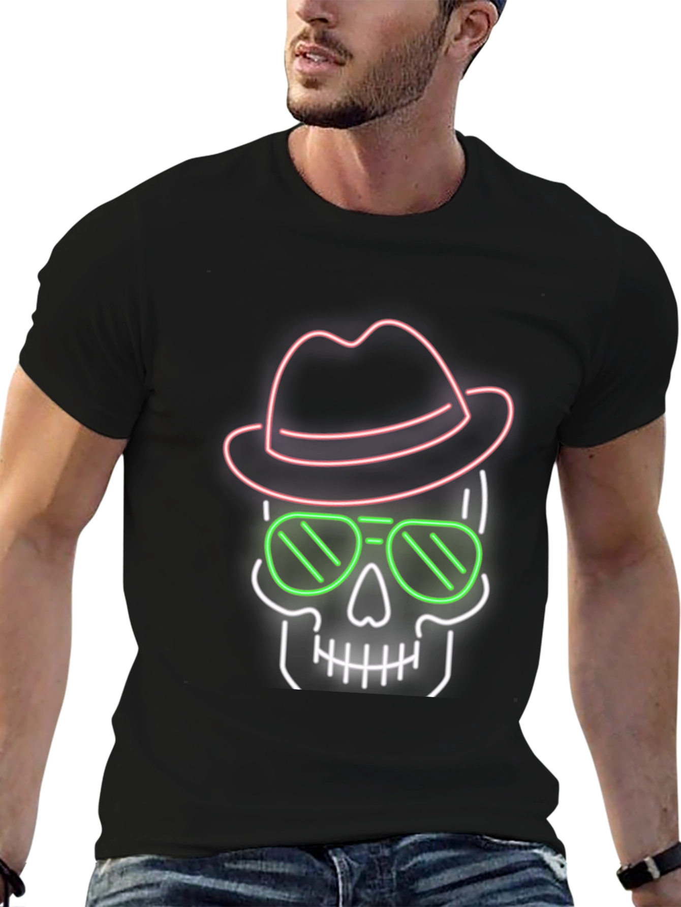 Neon Skull T-Shirt - Hat & Sunglasses Graphic Tee