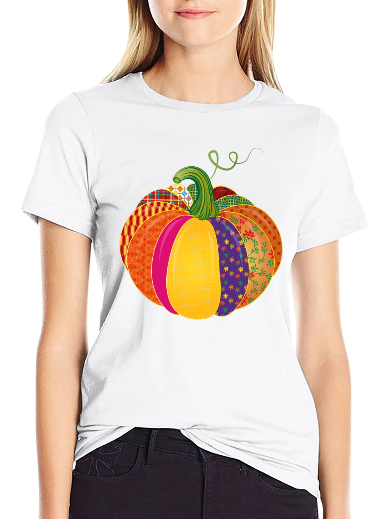 Festive Patchwork Pumpkin T-Shirt - Autumn Style