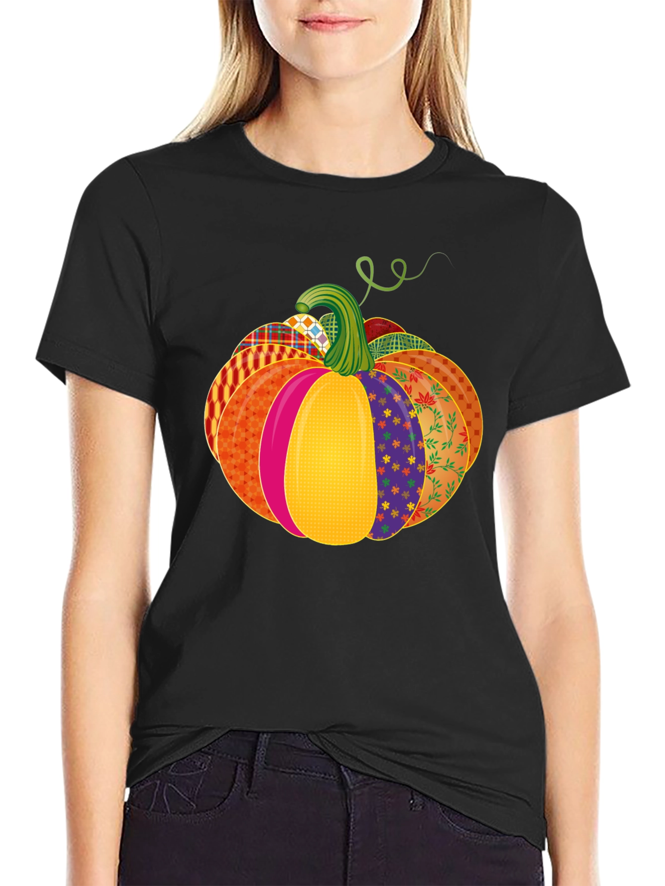 Festive Patchwork Pumpkin T-Shirt - Autumn Style