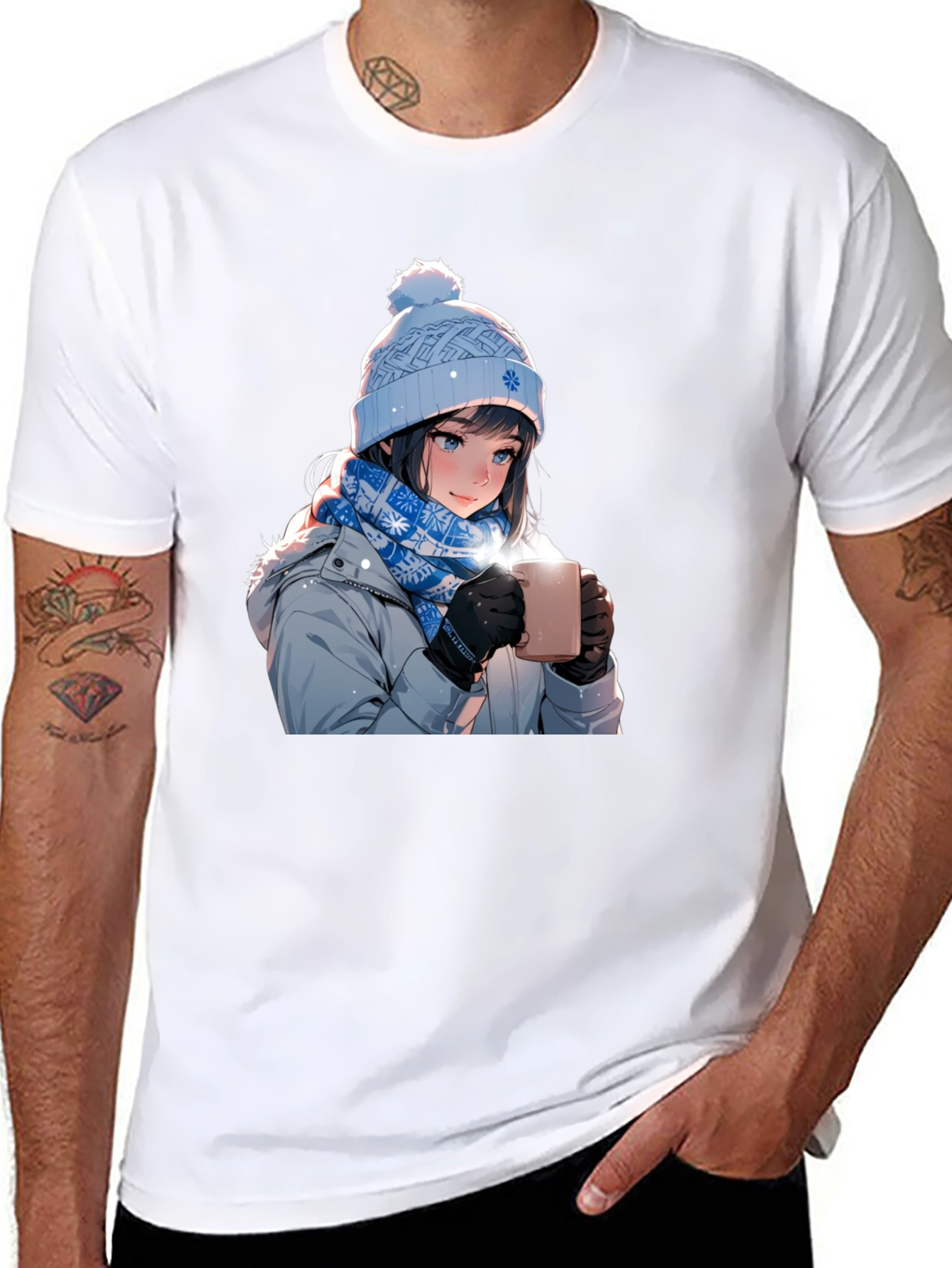 Anime Girl Winter T-Shirt - Cozy Hot Chocolate Design