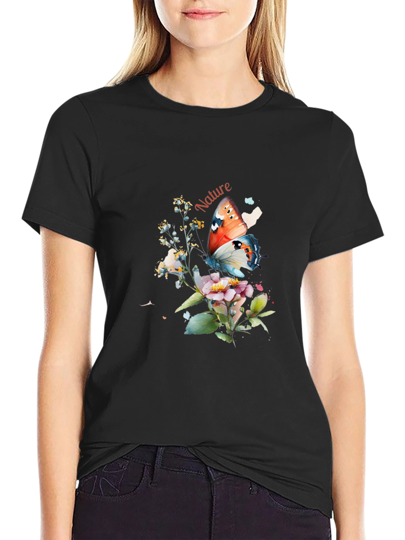 Nature Butterfly Graphic T-Shirt - Black