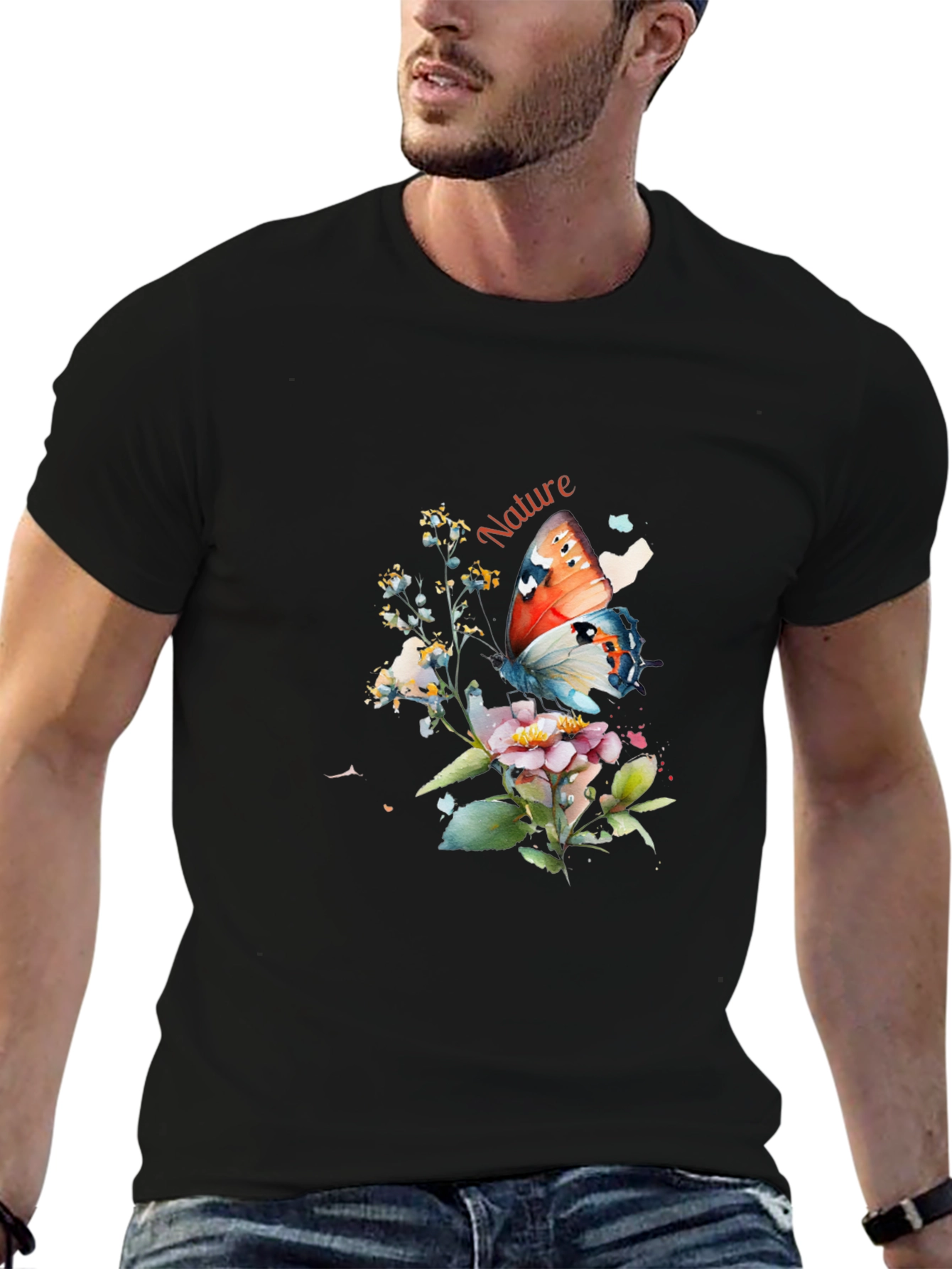 Nature Butterfly Graphic T-Shirt - Black