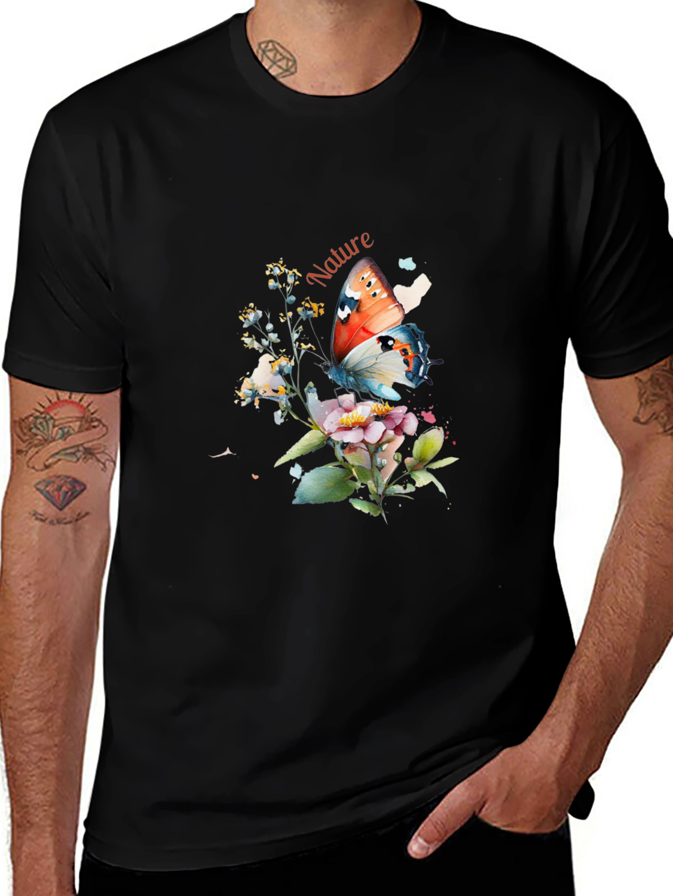 Nature Butterfly Graphic T-Shirt - Black
