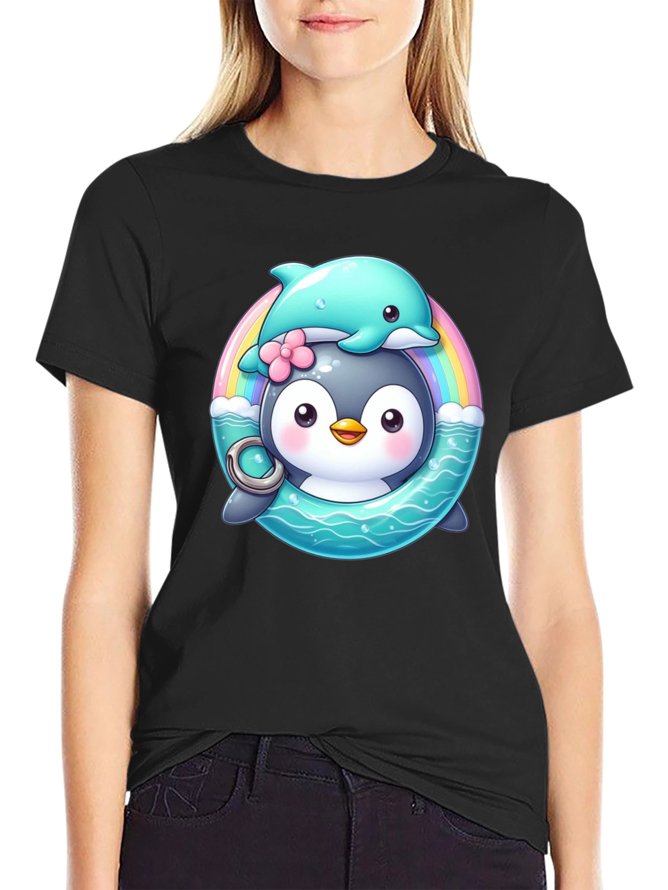 Penguin & Dolphin Graphic Tee - Cute Cartoon Design