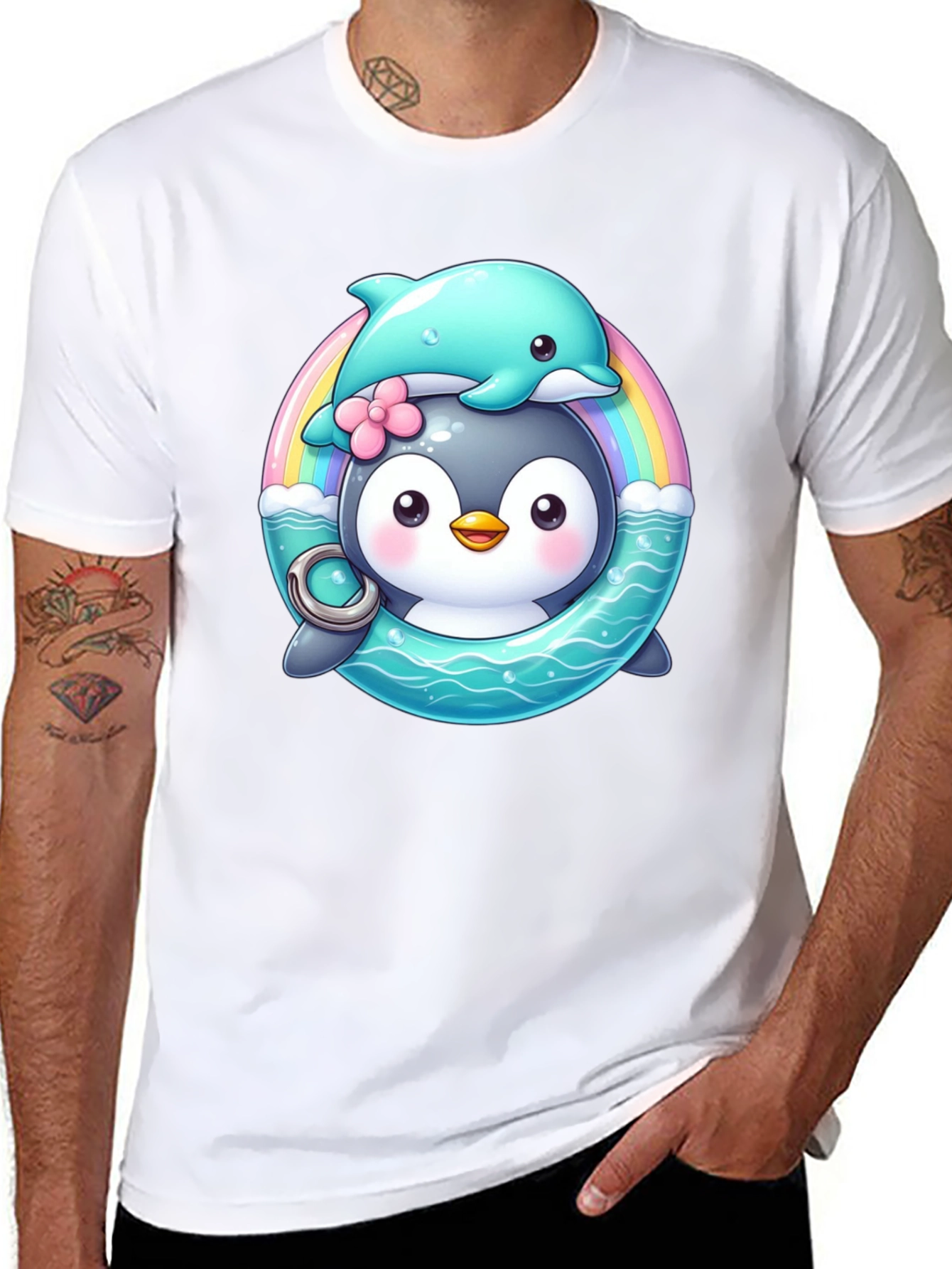 Penguin & Dolphin Graphic Tee - Cute Cartoon Design