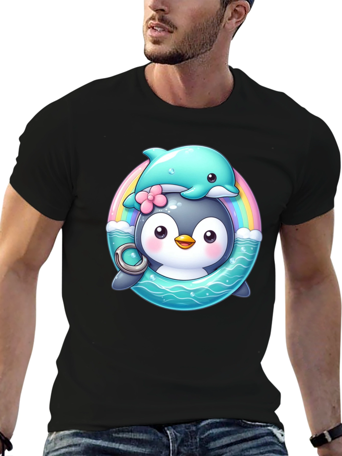 Penguin & Dolphin Graphic Tee - Cute Cartoon Design