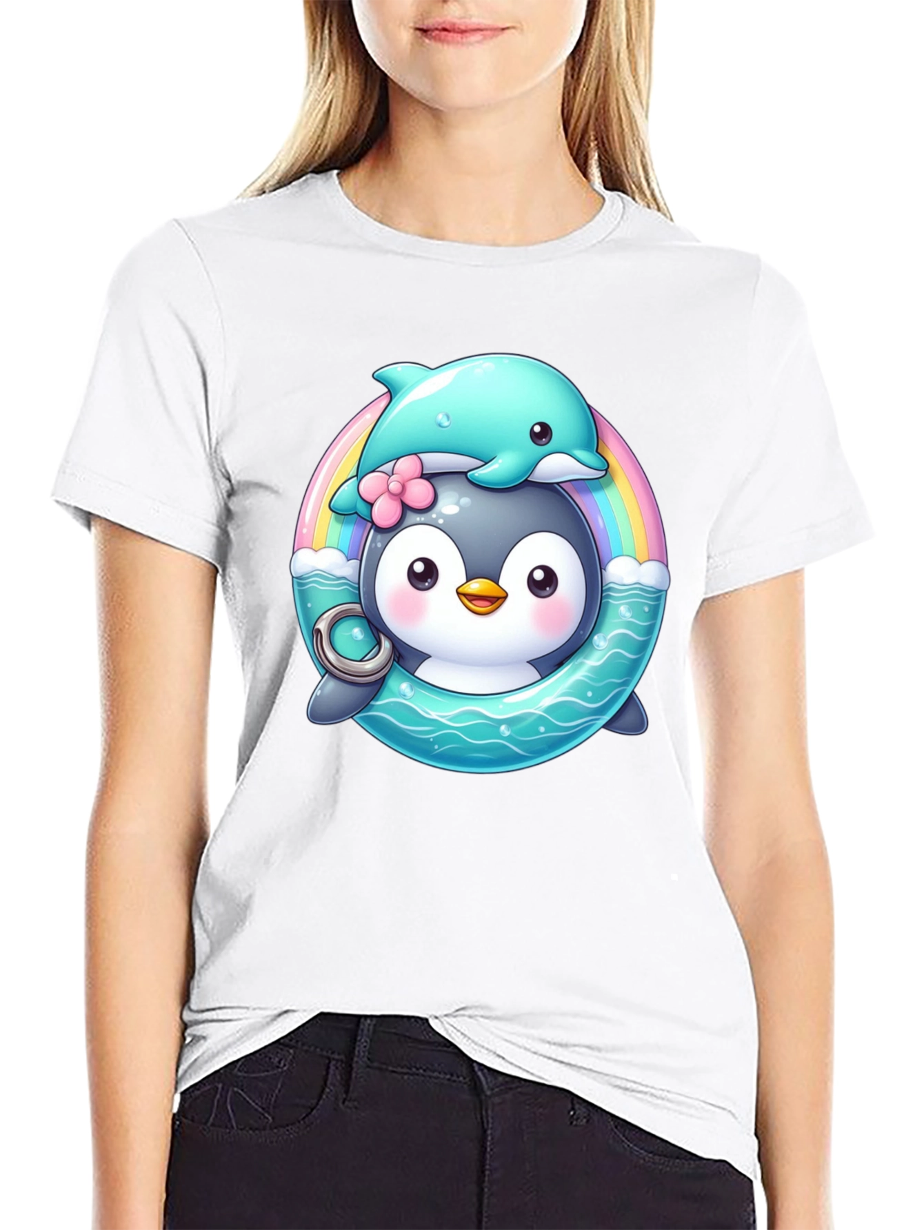 Penguin & Dolphin Graphic Tee - Cute Cartoon Design