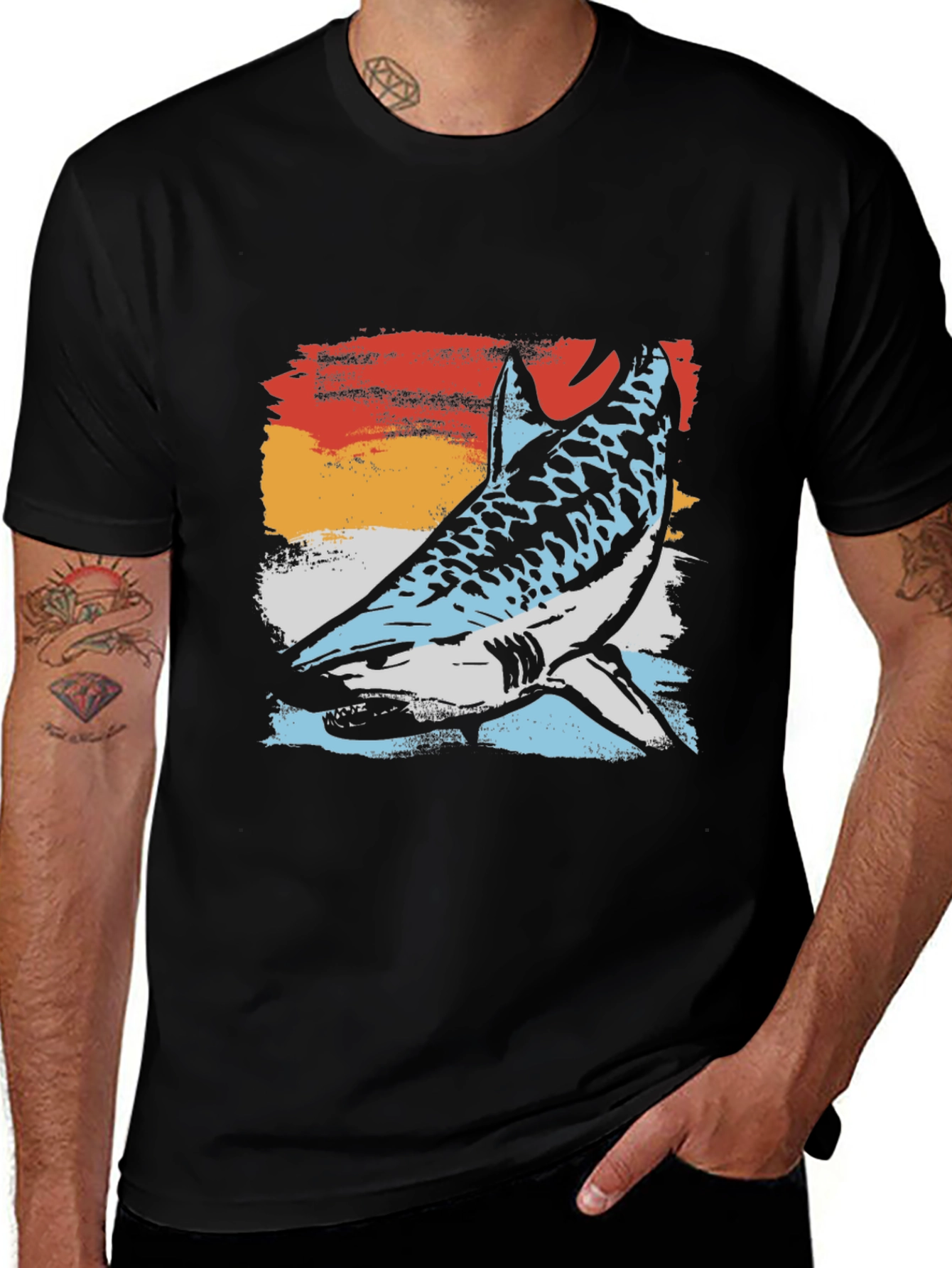 Retro Shark Graphic Tee - Black Cotton Blend T-Shirt