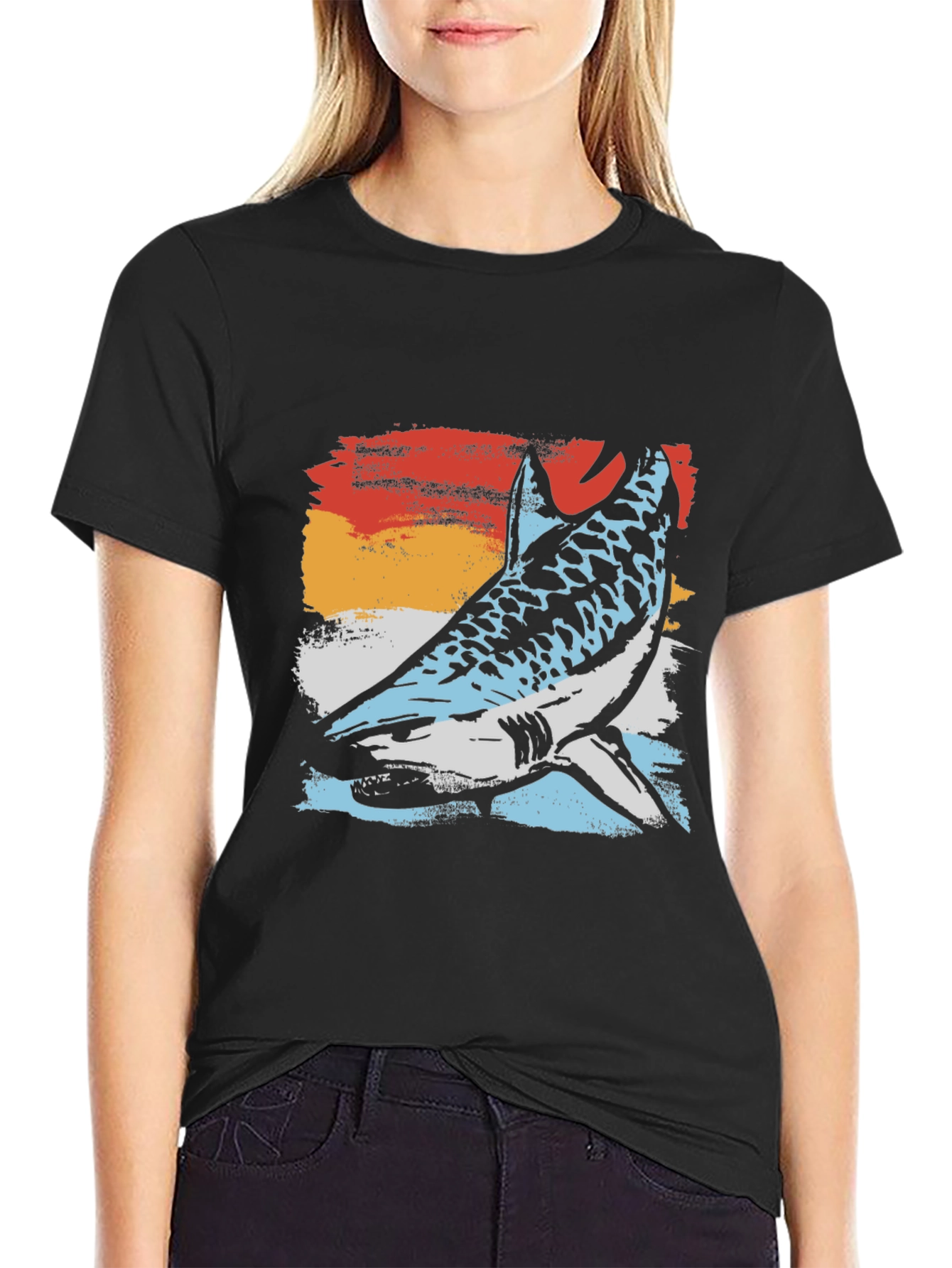 Retro Shark Graphic Tee - Black Cotton Blend T-Shirt