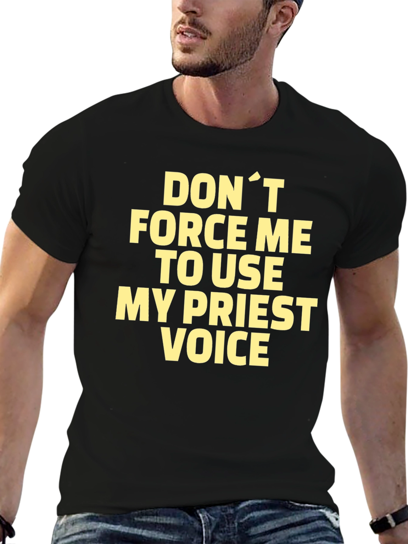 Funny Priest Voice Graphic Tee - Black T-Shirt