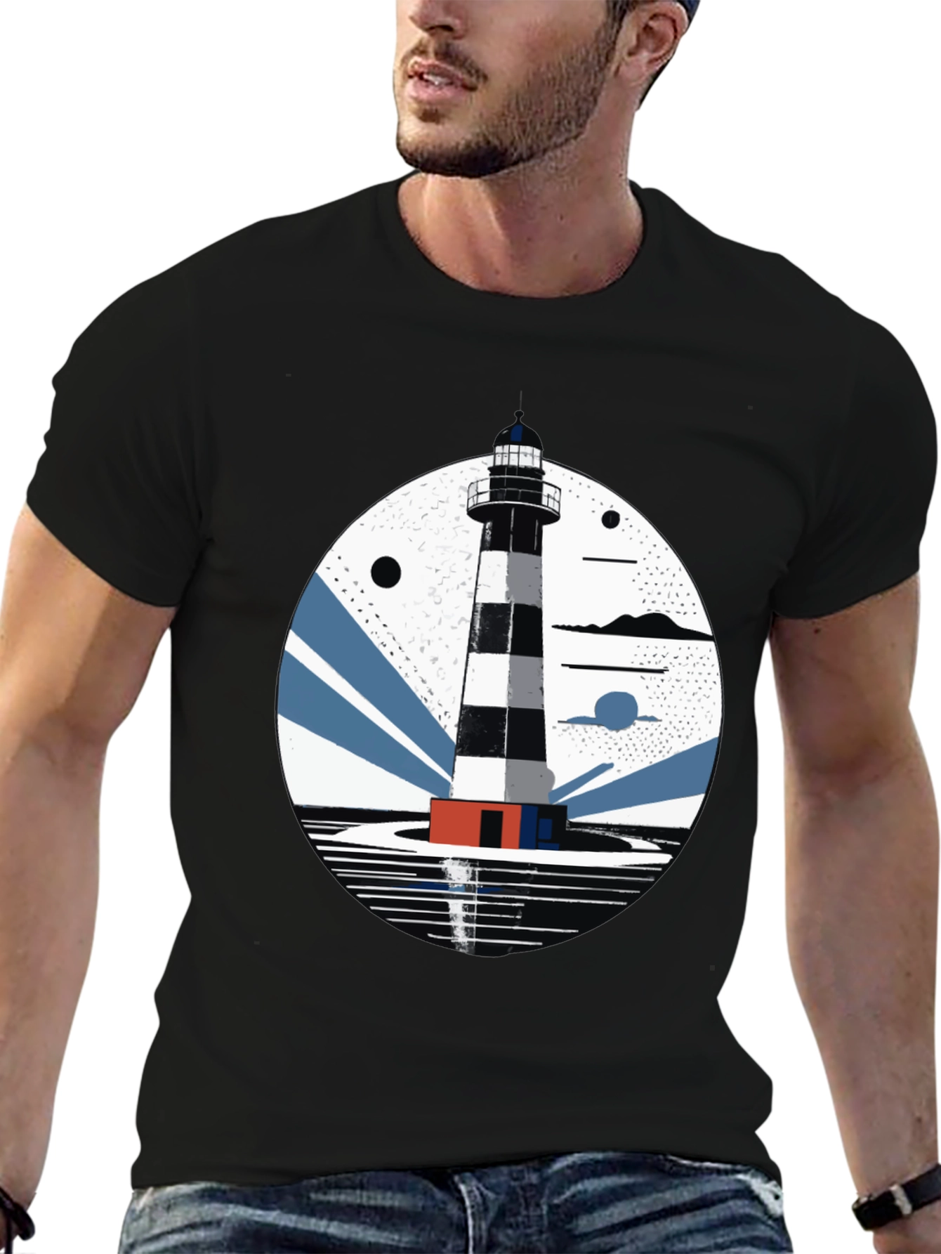 Lighthouse Graphic Tee - Mens Black Cotton T-Shirt