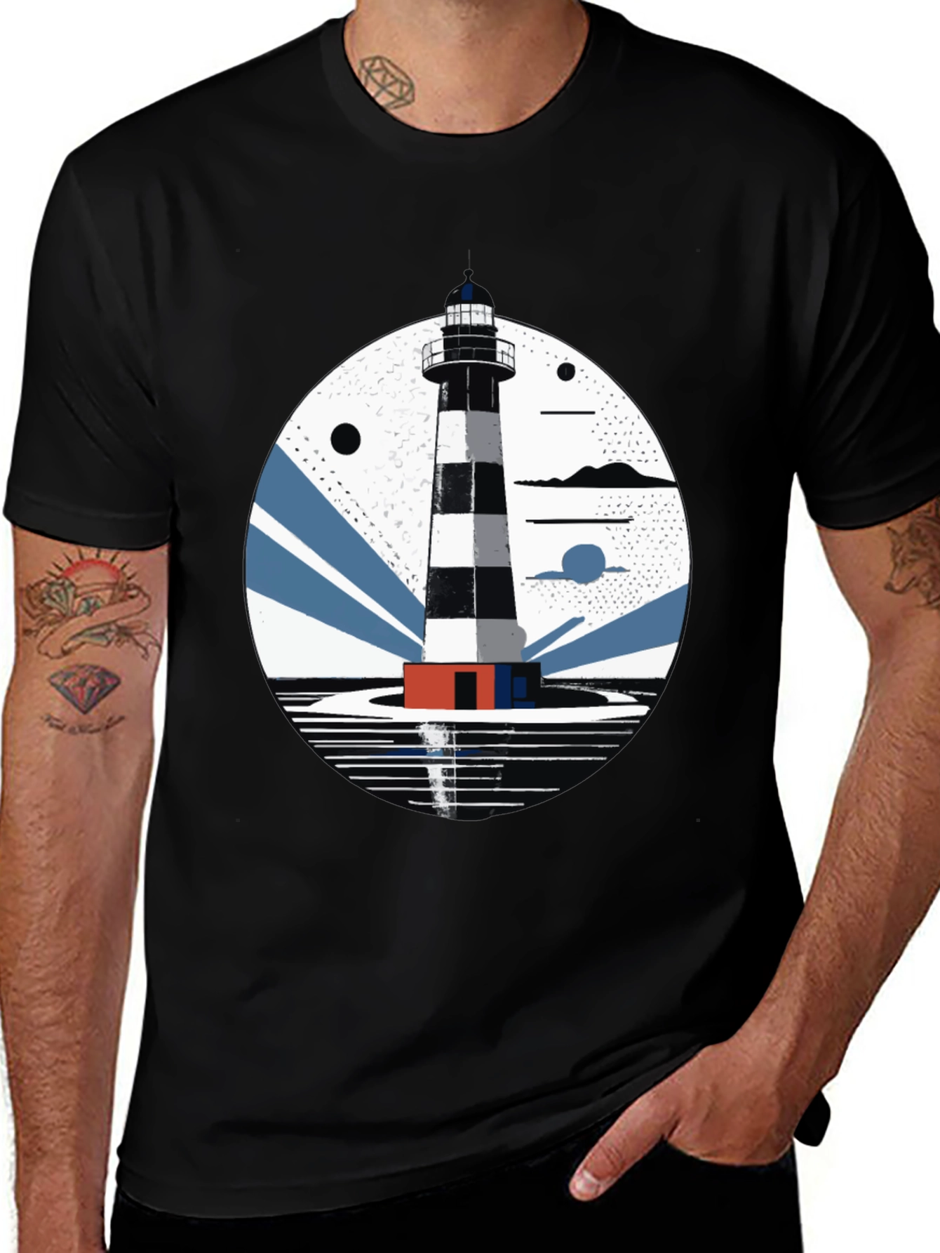 Lighthouse Graphic Tee - Mens Black Cotton T-Shirt