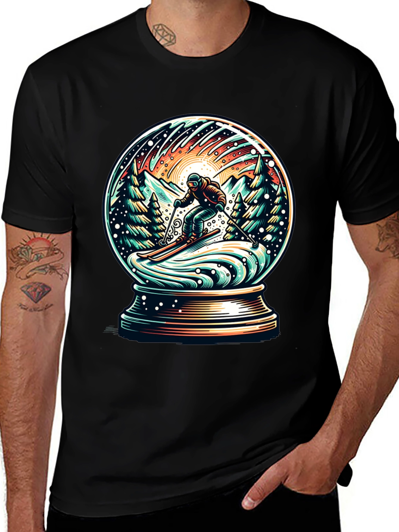 Snow Globe Skiing Graphic Tee - Winter Adventure Shirt
