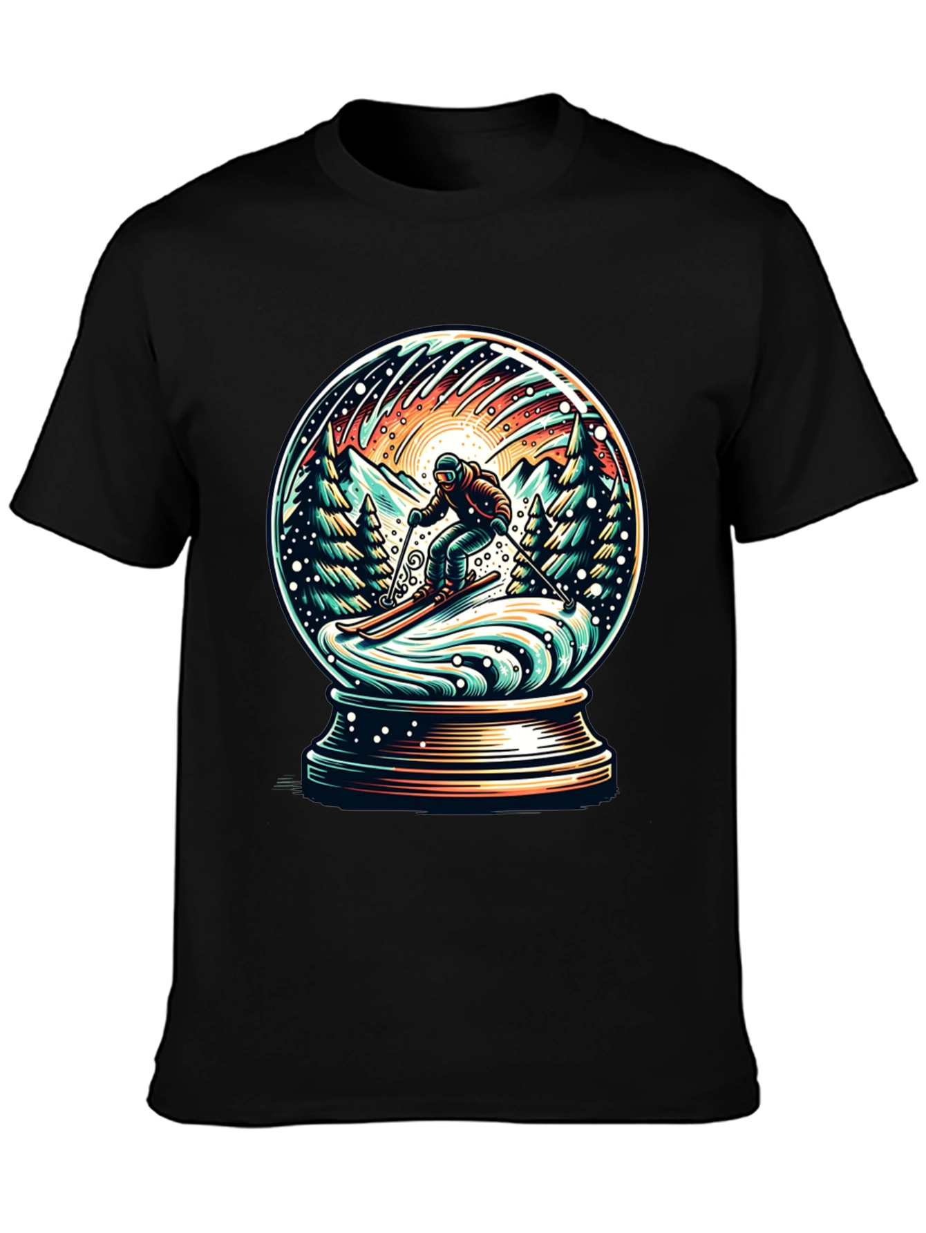 Snow Globe Skiing Graphic Tee - Winter Adventure Shirt