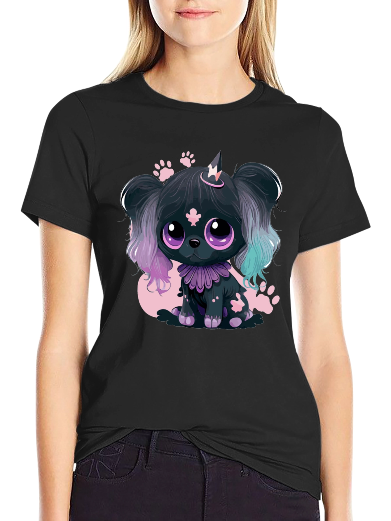 Kawaii Puppy Graphic Tee - Black