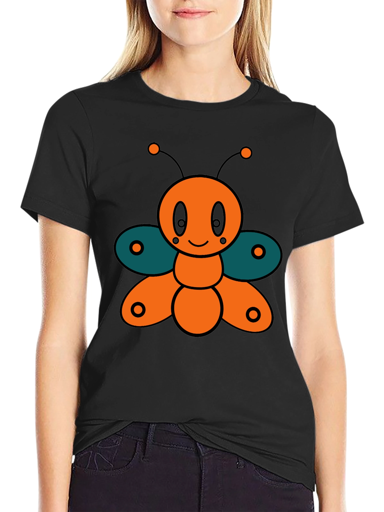 Cute Cartoon Butterfly Graphic Tee - Black