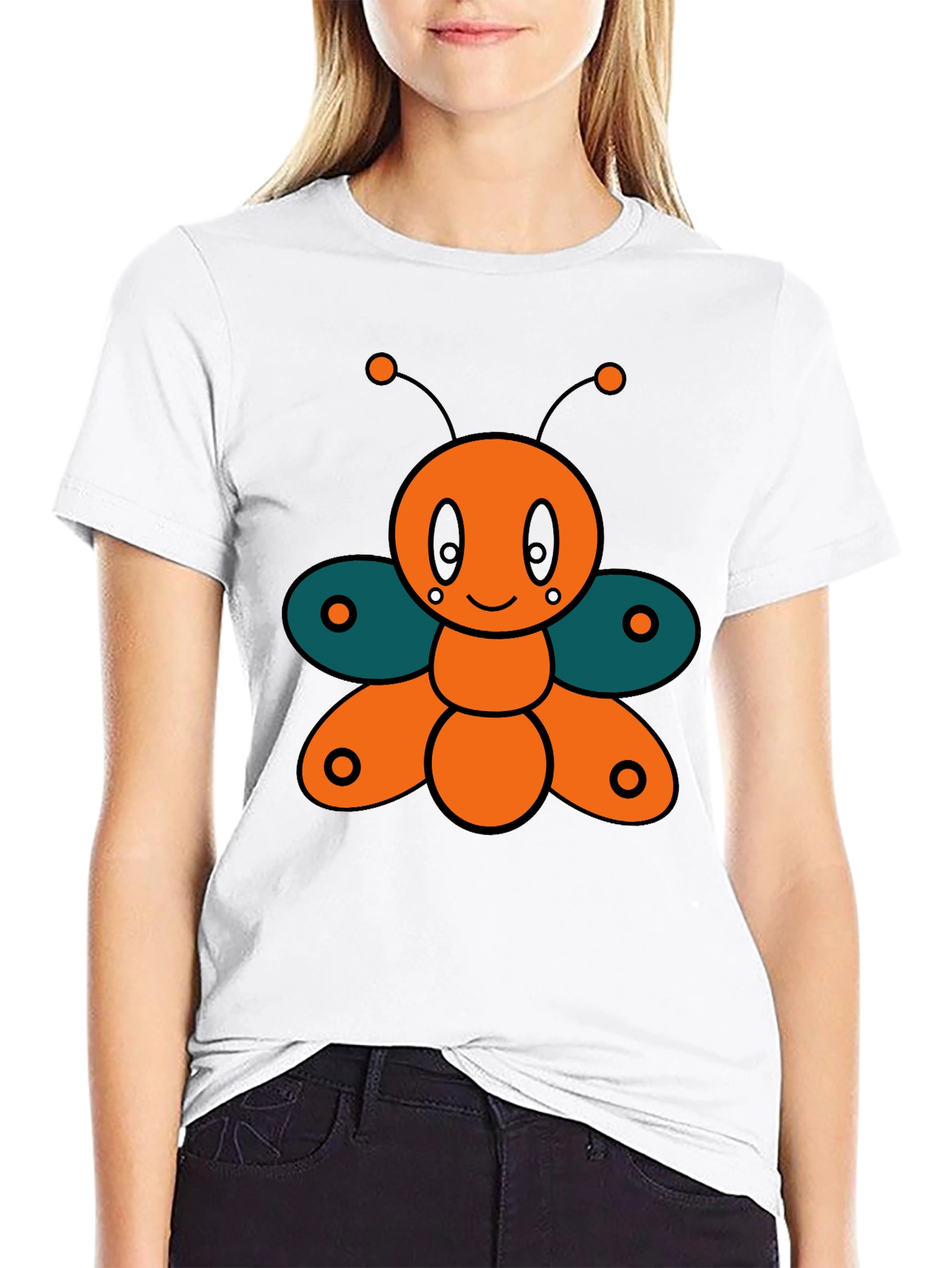 Cute Cartoon Butterfly Graphic Tee - Black