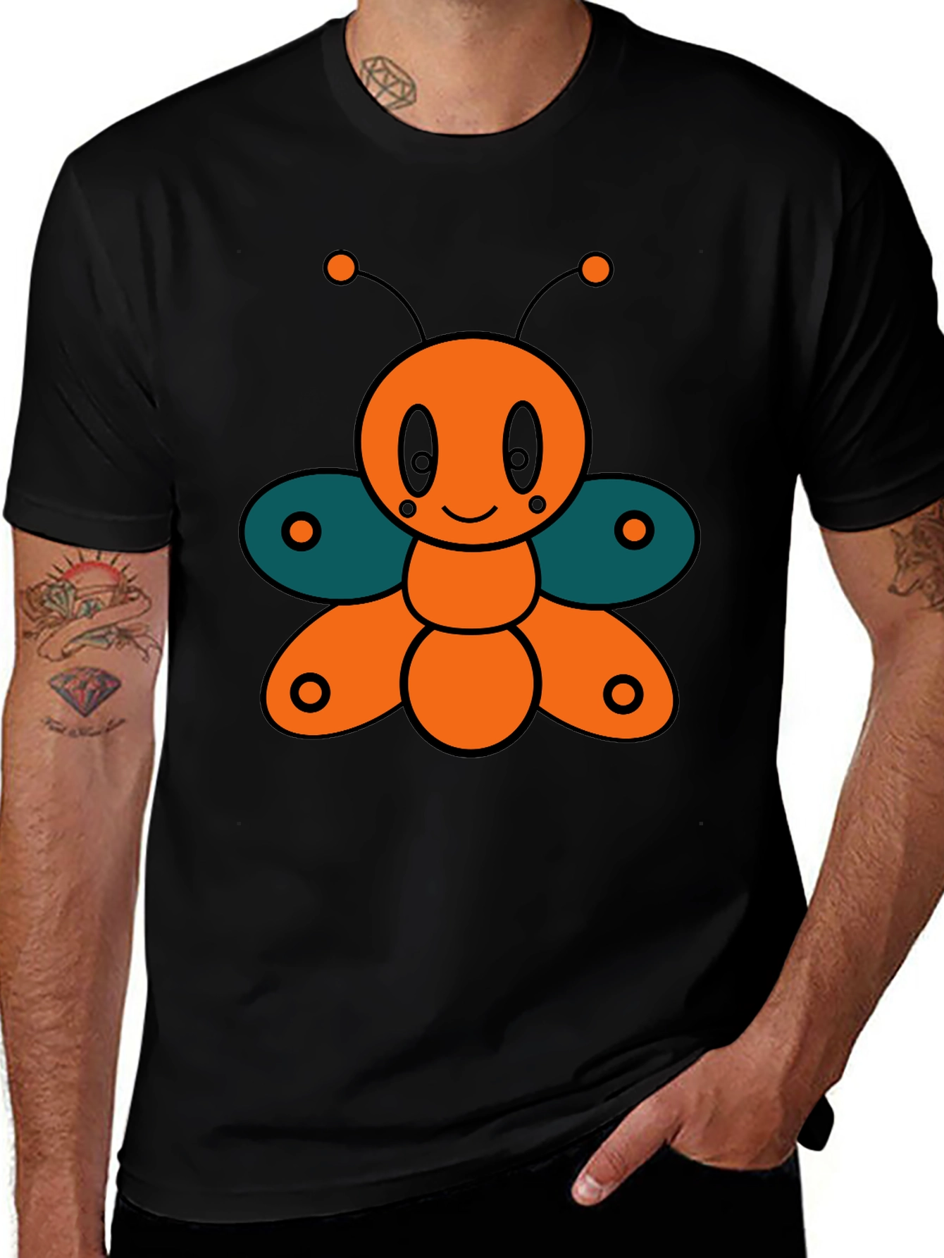 Cute Cartoon Butterfly Graphic Tee - Black