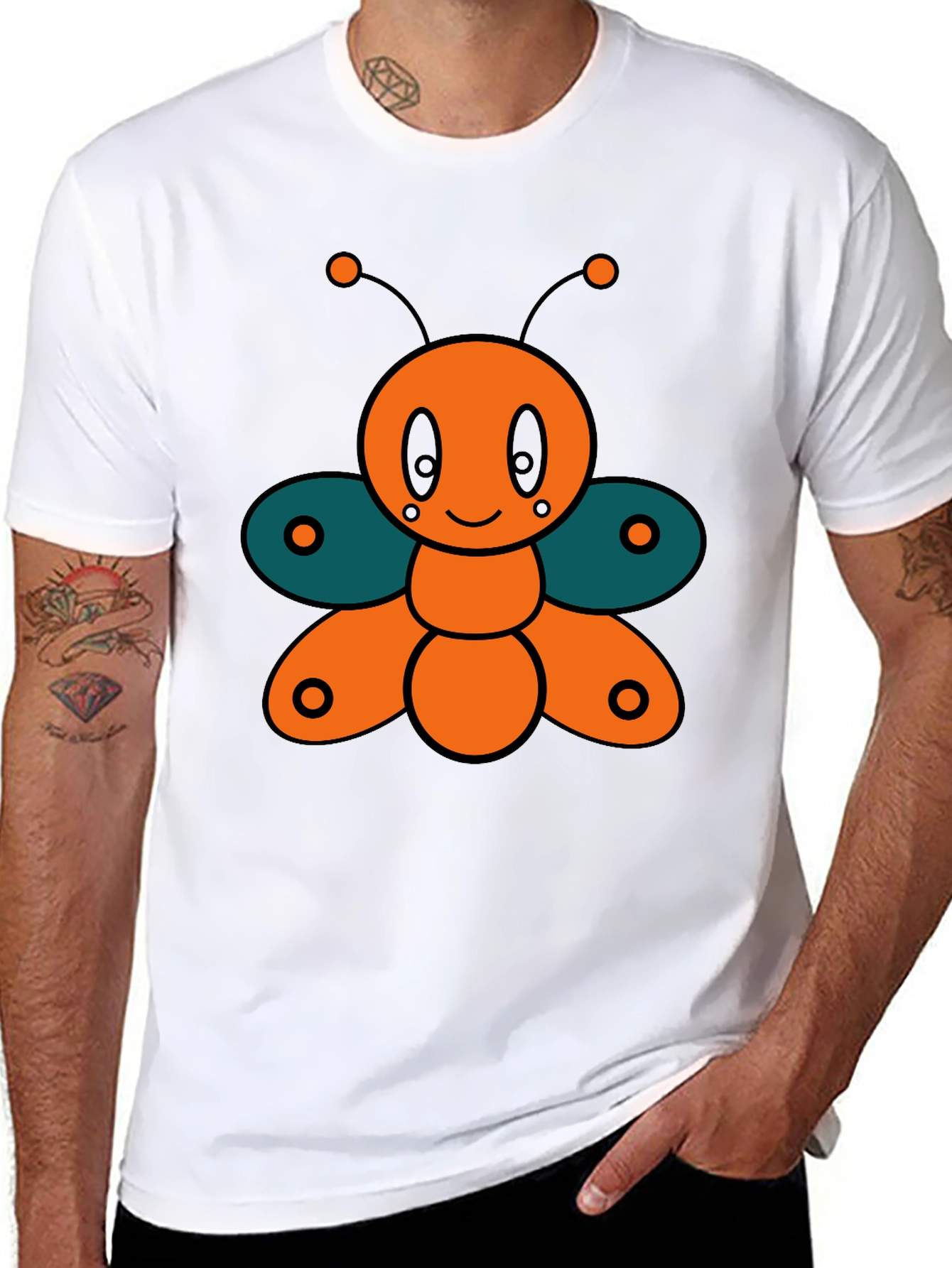 Cute Cartoon Butterfly Graphic Tee - Black