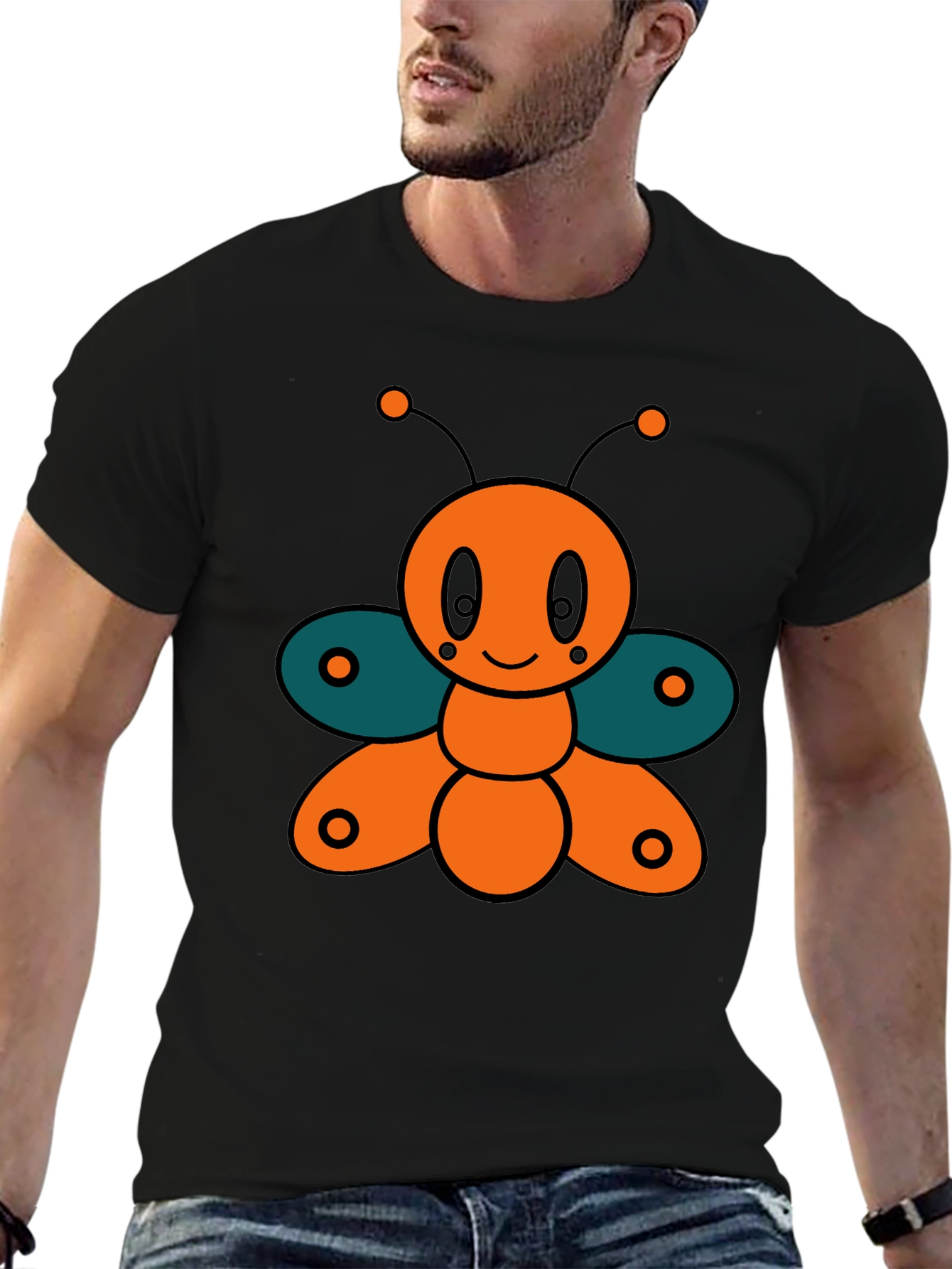 Cute Cartoon Butterfly Graphic Tee - Black