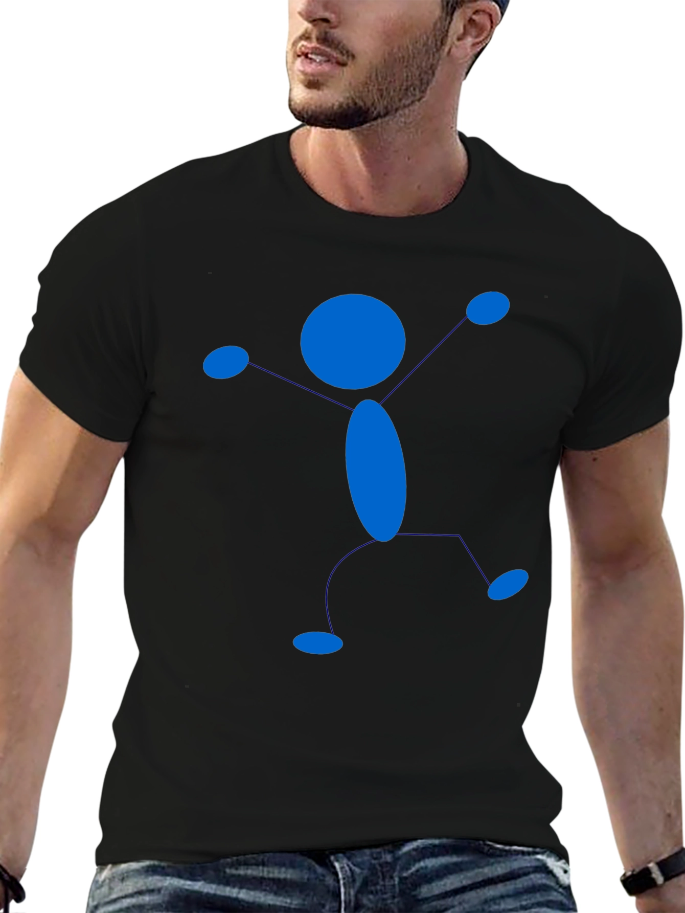 Blue Stick Figure Graphic Black T-Shirt