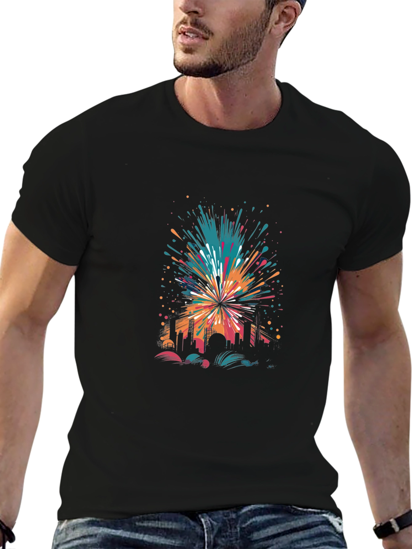 Cityscape Explosion Graphic Black T-Shirt