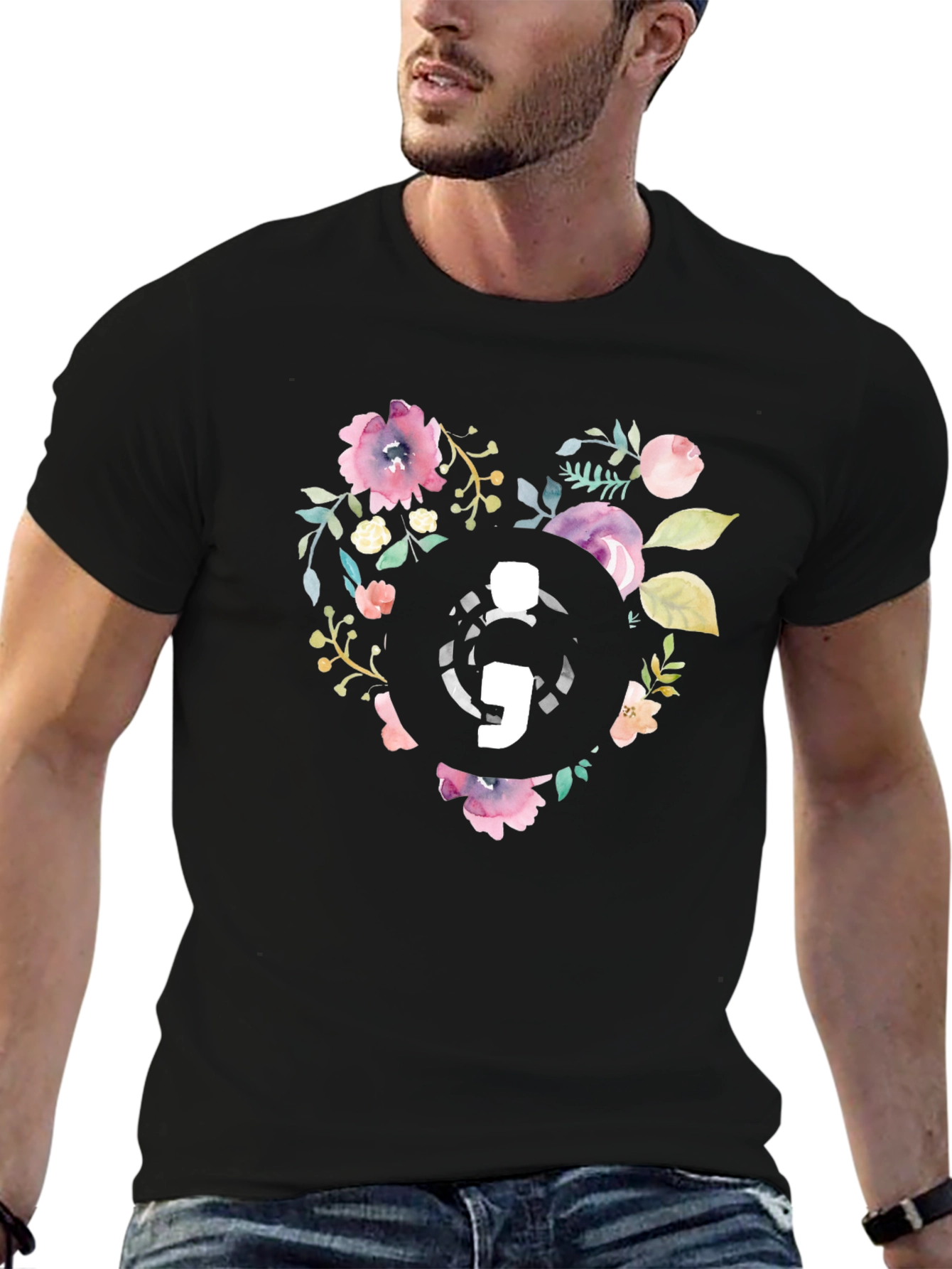 Floral Semicolon Heart Graphic Tee - Black