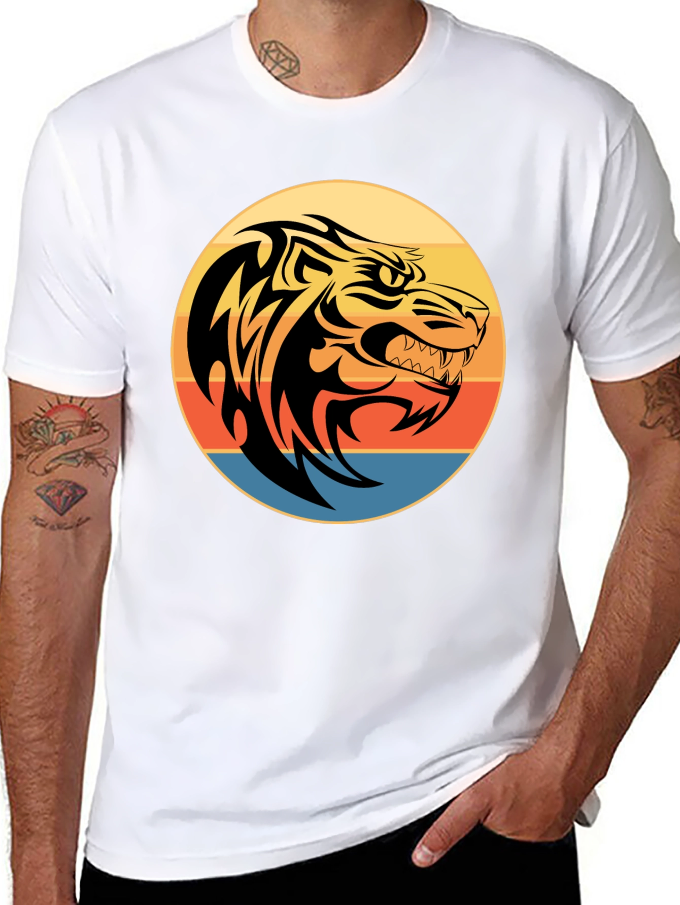 Tribal Tiger Graphic Print Black T-Shirt